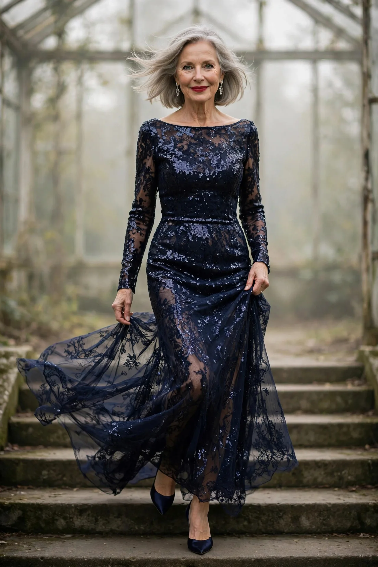 Navy Glitter Gown — A midnight-navy sequin fitted column maxi gown with long sleeves and a boat neckline, worn with navy satin pointed-toe heels.