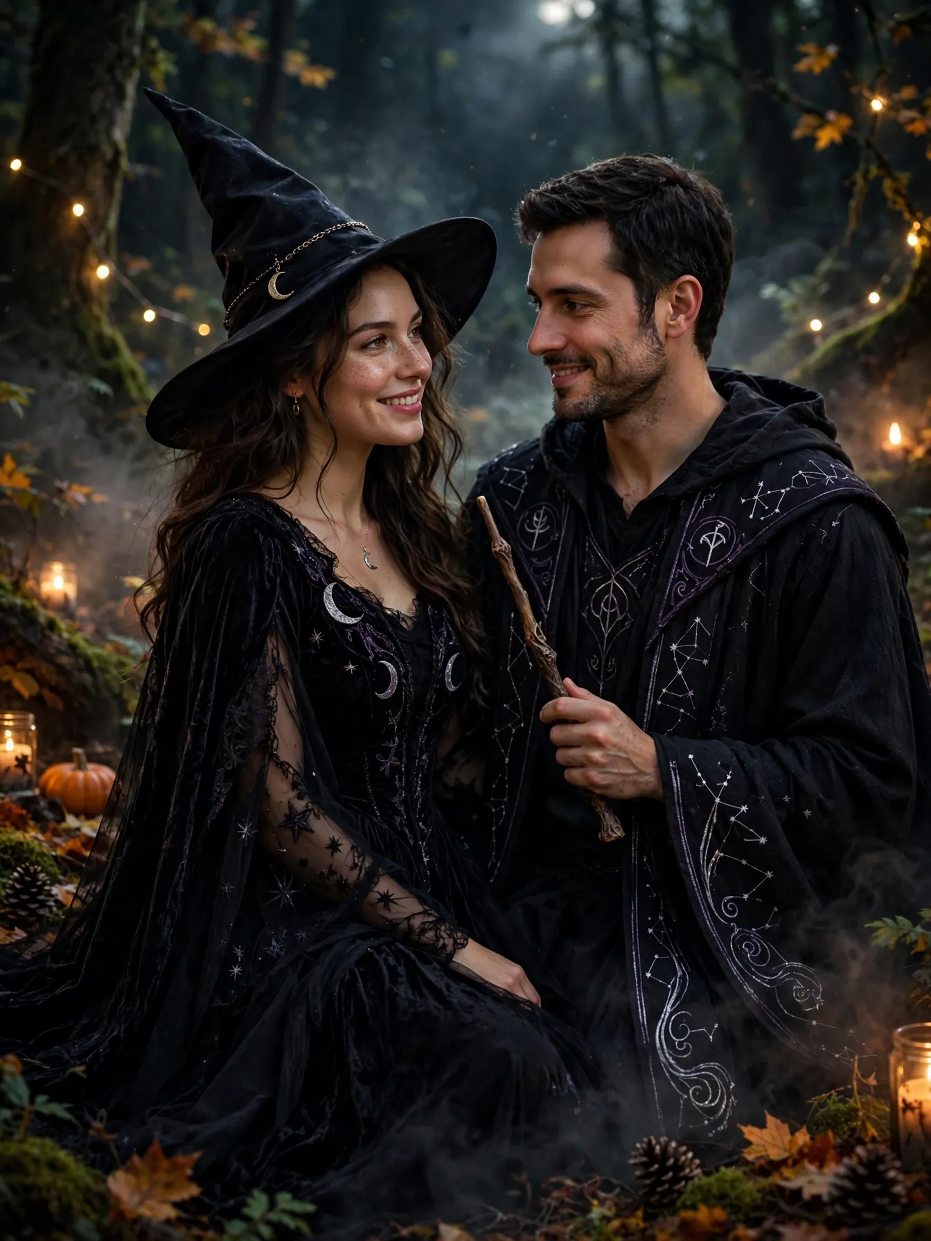 A witch in black gown and pointed hat with her warlock and wand.