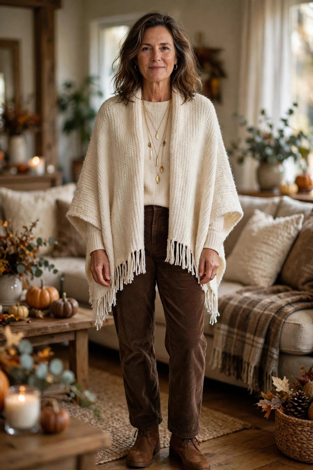 Woman over 50 in chocolate corduroy pants and blanket poncho.