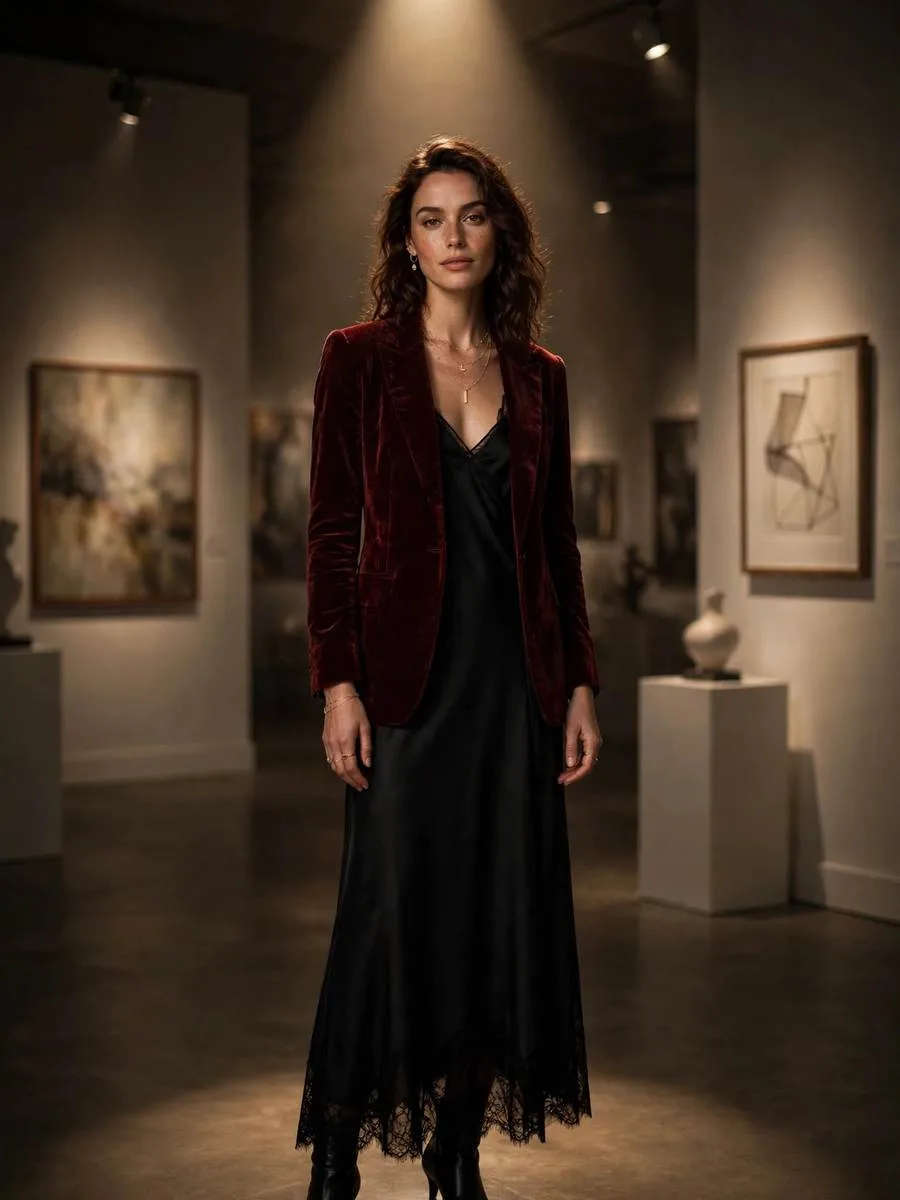 Burgundy velvet blazer worn over a black slip dress with gold jewelry.
