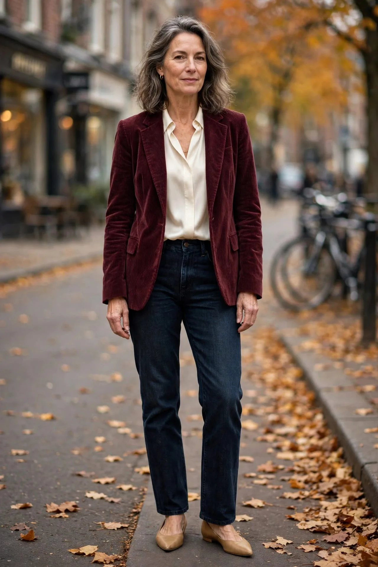 Woman over 50 in burgundy corduroy blazer with champagne blouse.