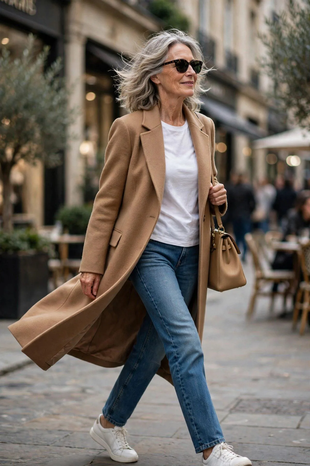 Relaxed woman nailing high-low dressing in a luxe camel coat, plain white tee, and perfectly fitted jeans.