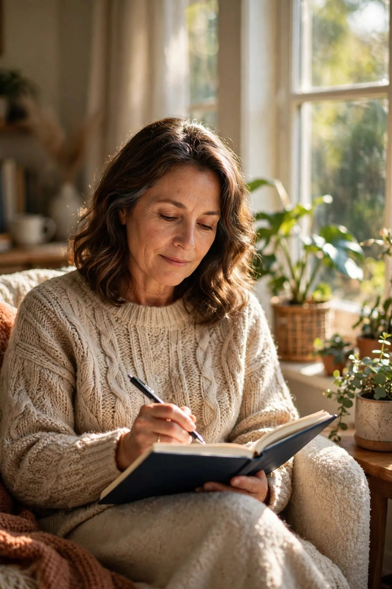 Peaceful woman over 50 journaling alone in a sunlit quiet room