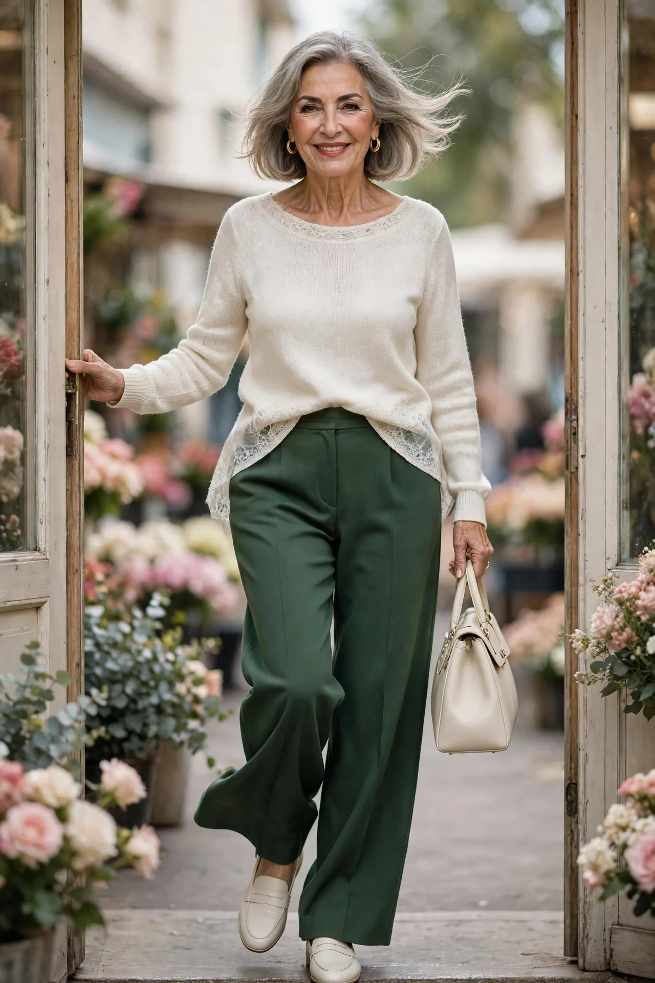 First Coffee Trousers — Forest-green wide-leg ponte trousers with a smooth waistband, paired with an ivory soft-knit boat-neck top.