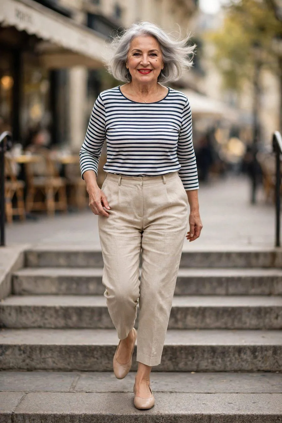 Stylish woman over fifty in Breton top and cropped linen trousers shopping