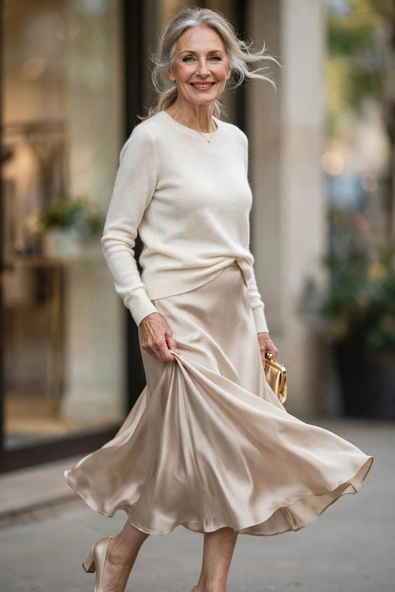 Simple Slip Skirt — A champagne satin bias-cut midi skirt paired with an ivory cashmere sweater, half-tucked at the front.