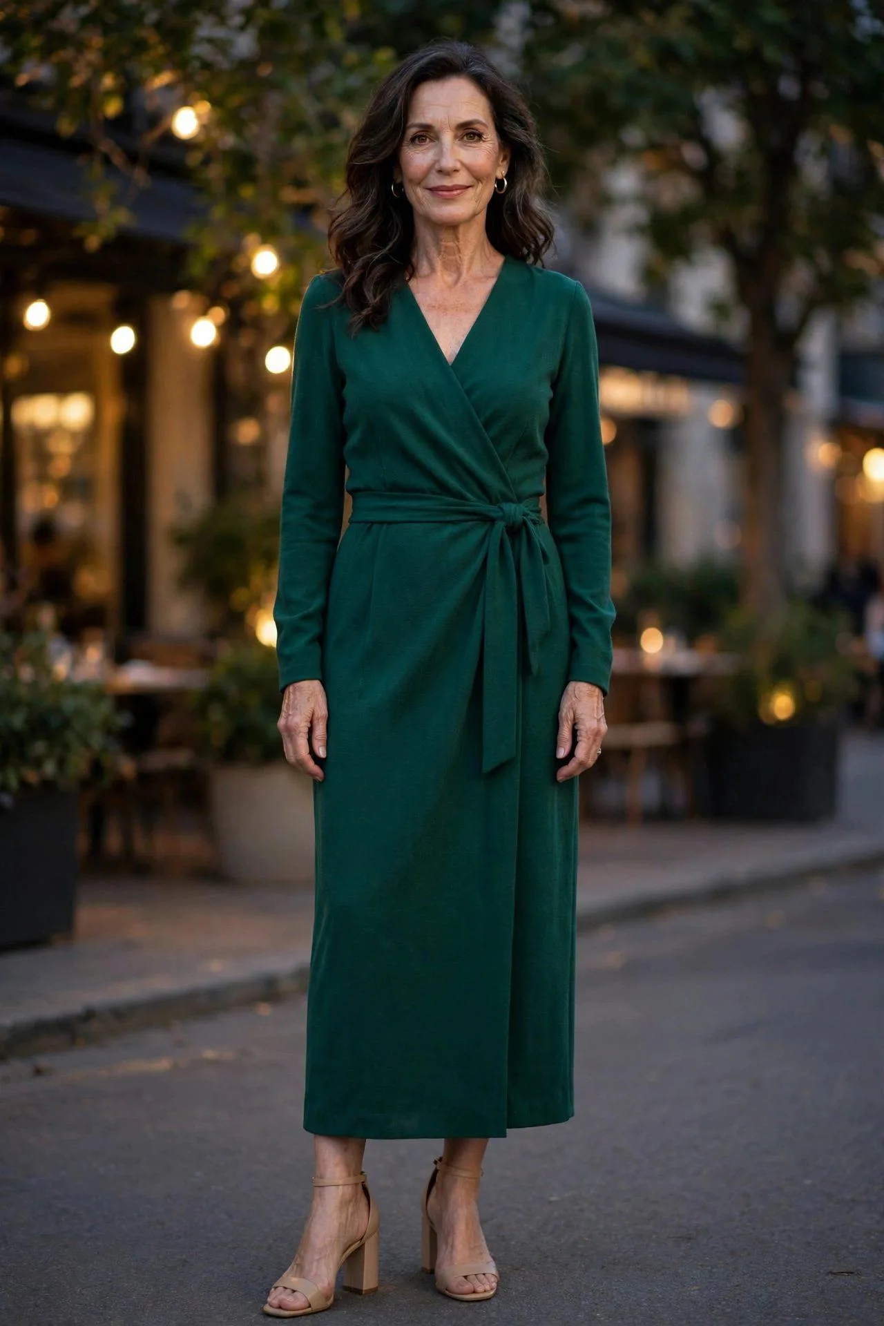 Lady over 50 in stunning emerald wrap dress with stable nude heels
