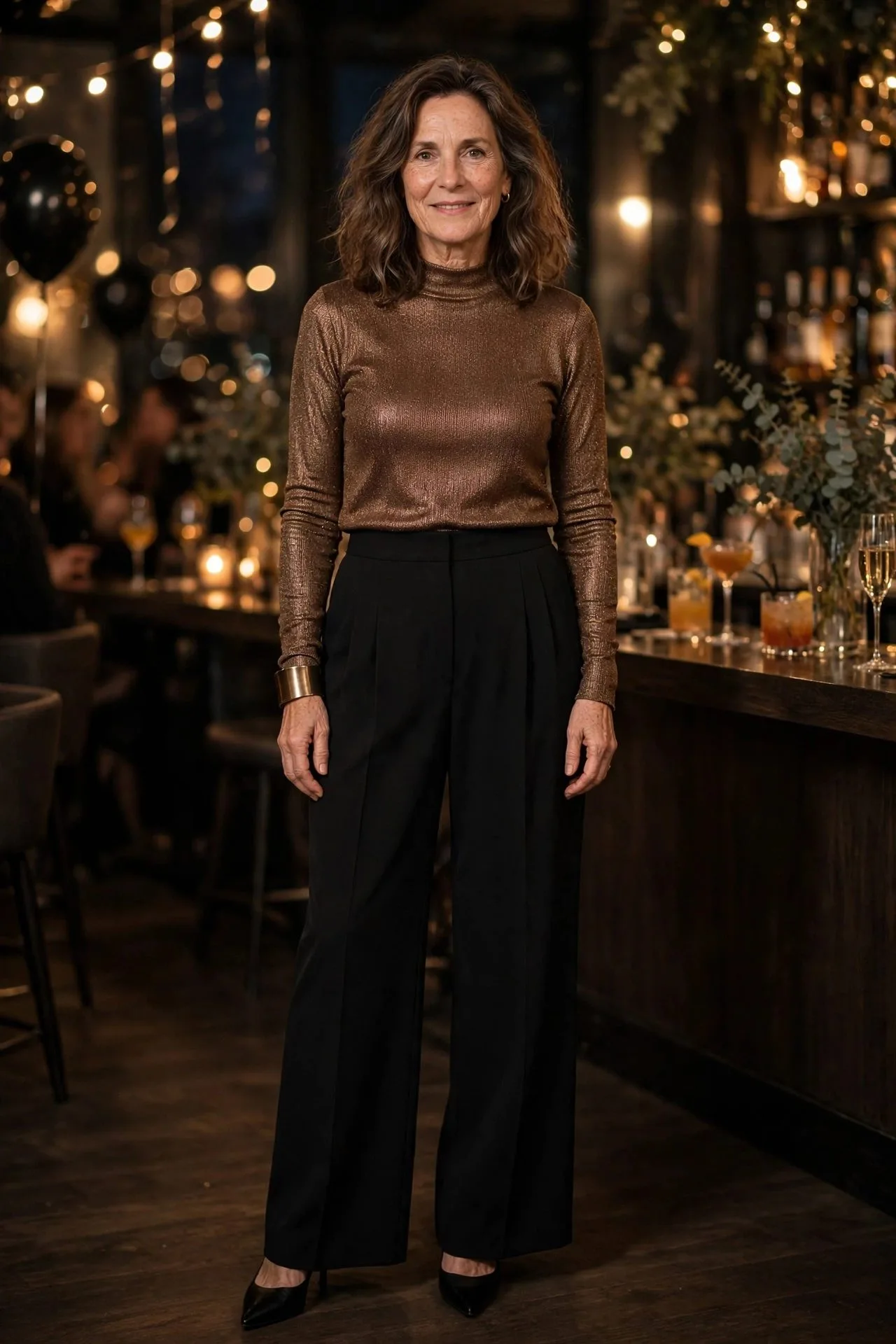 Woman in bronze metallic knit top with black wide-leg trousers