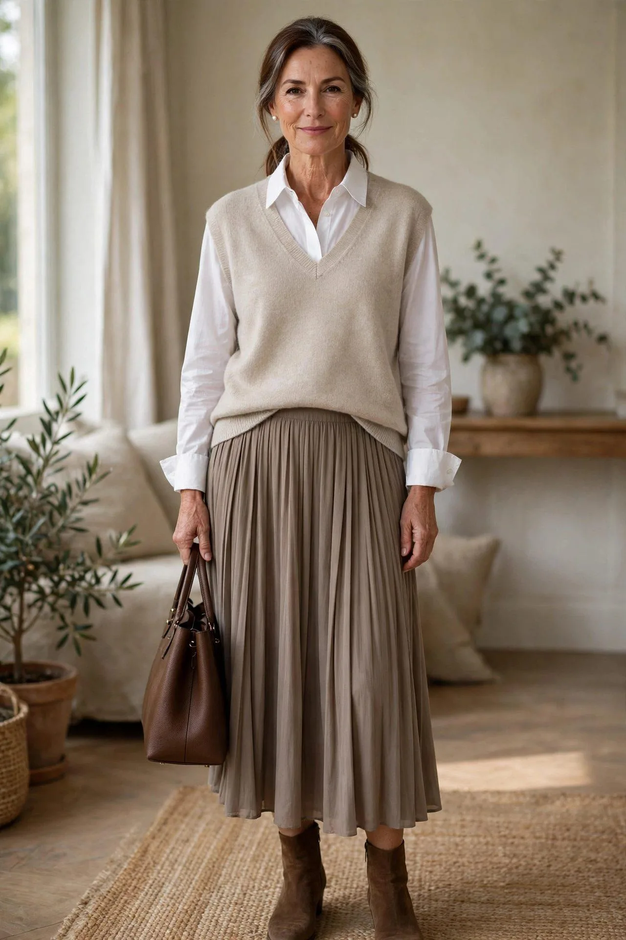 Graceful woman in her late 50s wearing a white collared shirt under an oatmeal V-neck sweater vest with a flowing taupe pleated skirt, suede ankle boots and tote.