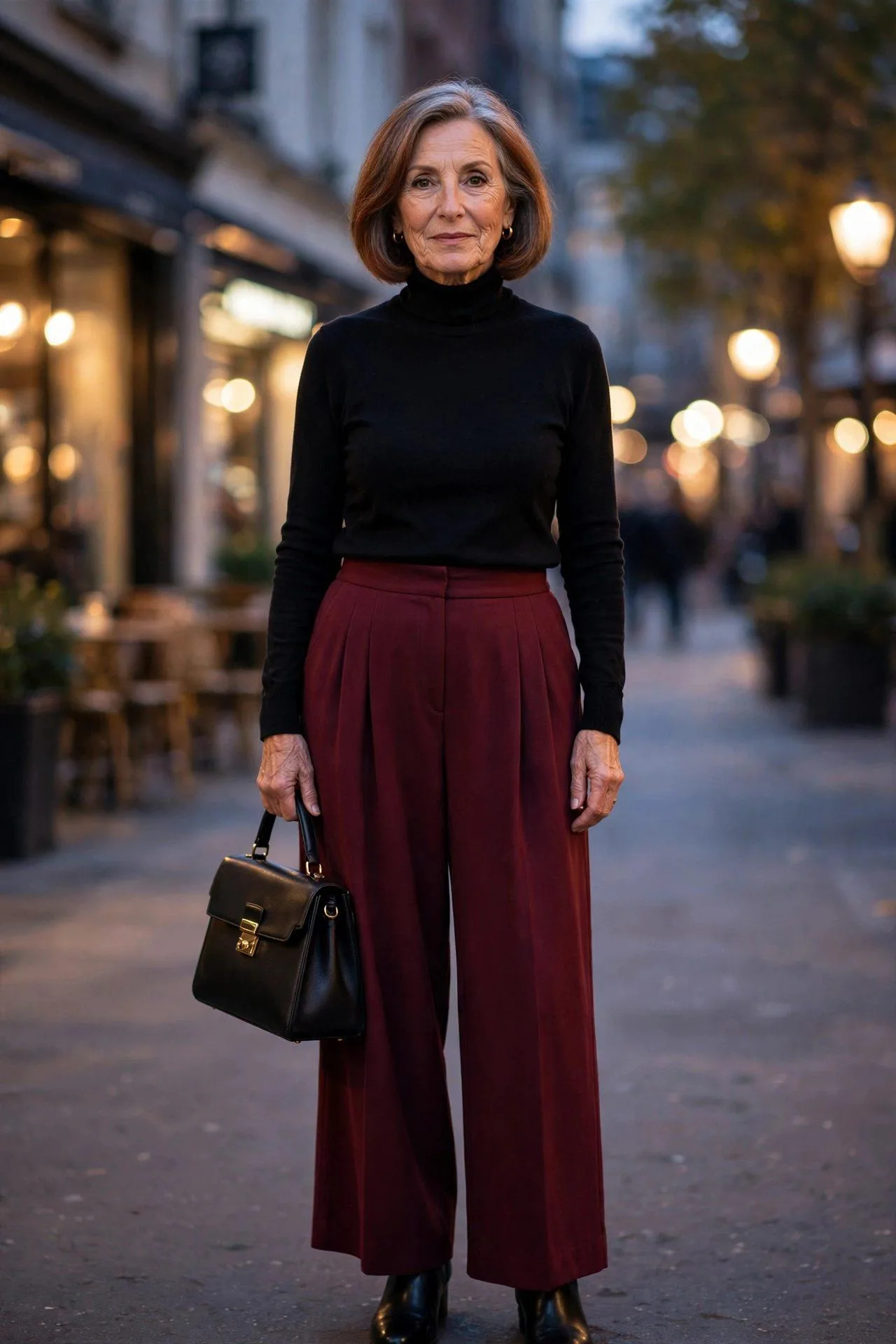 Bold mature woman combining rich burgundy with classic black