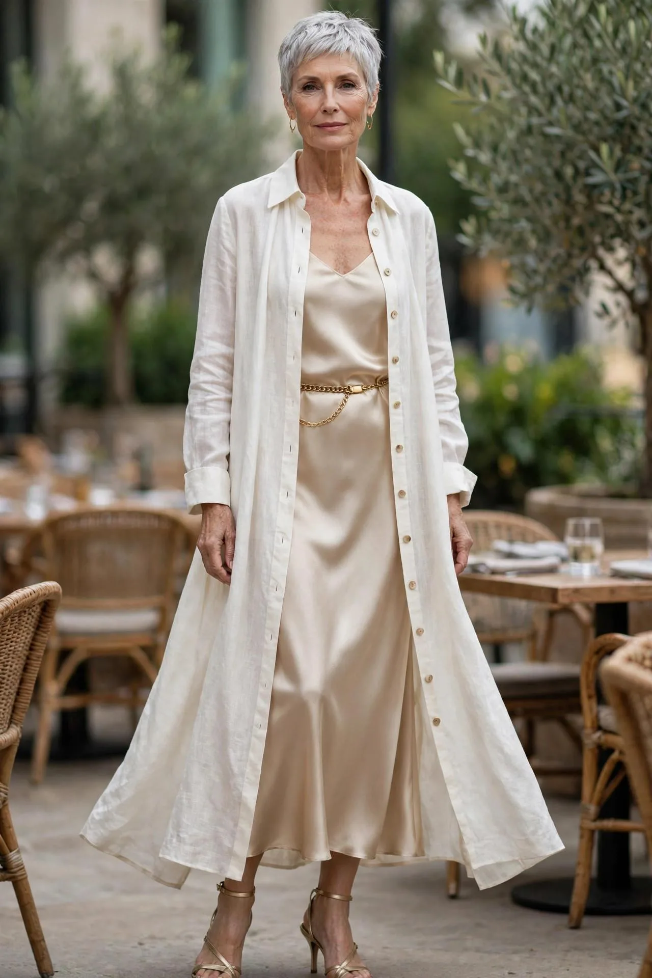Refined woman draping ivory linen overshirt over shimmering champagne slip