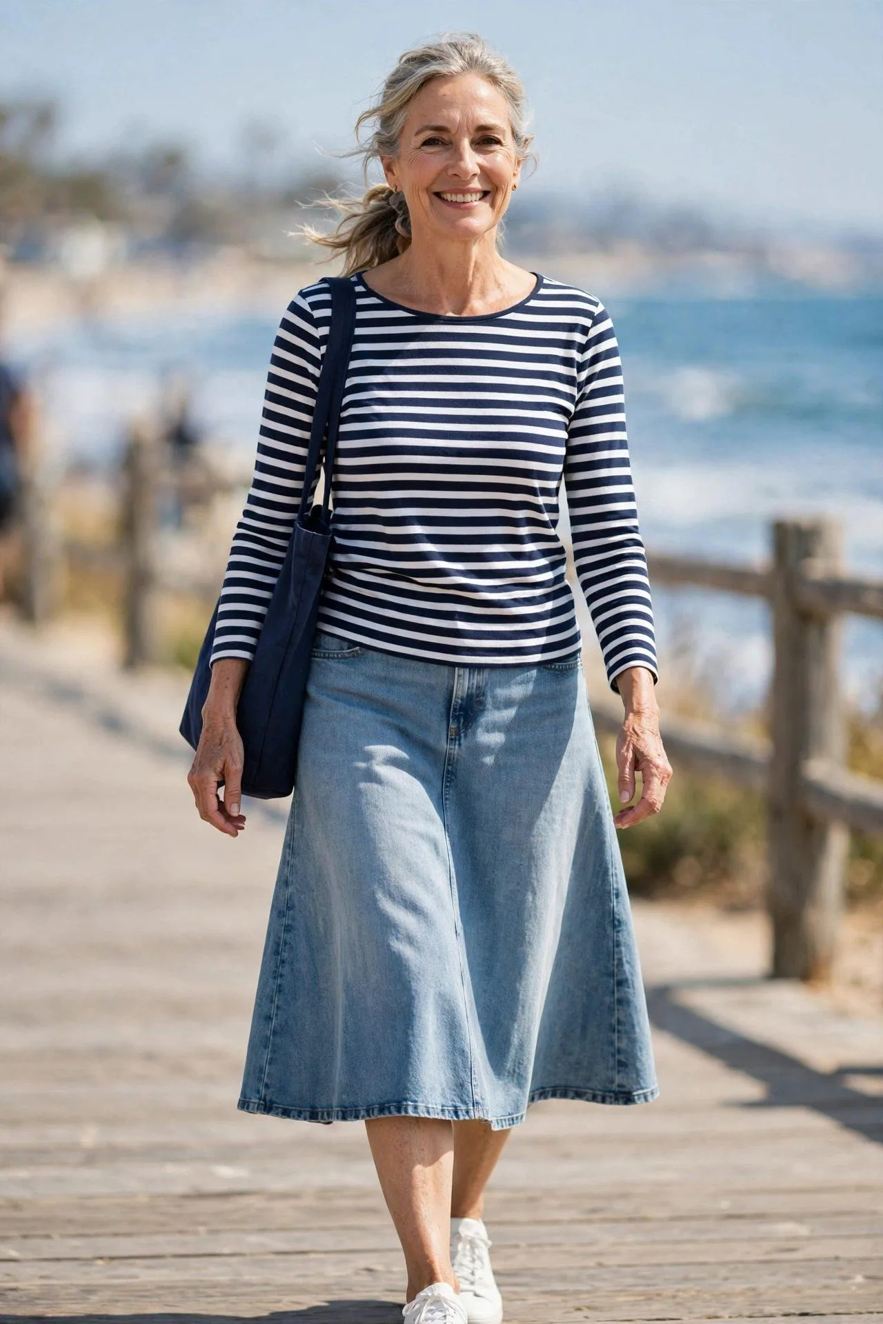 Cheerful woman in light denim midi skirt on boardwalk.