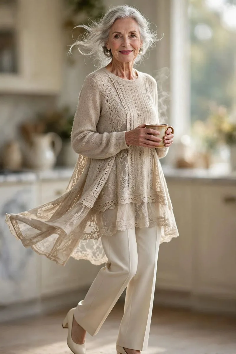 Elegant mature woman enjoying breakfast at a set table in a bright morning kitchen.