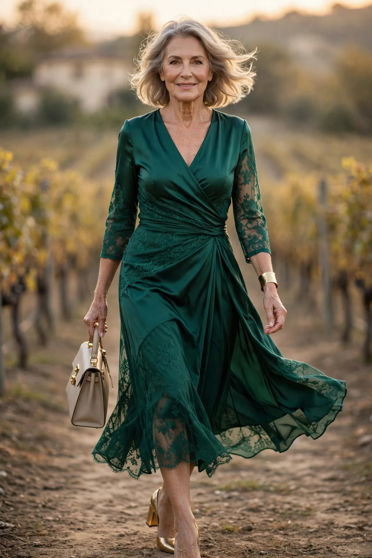 Confident mature woman wearing emerald satin wrap midi dress with gold heels