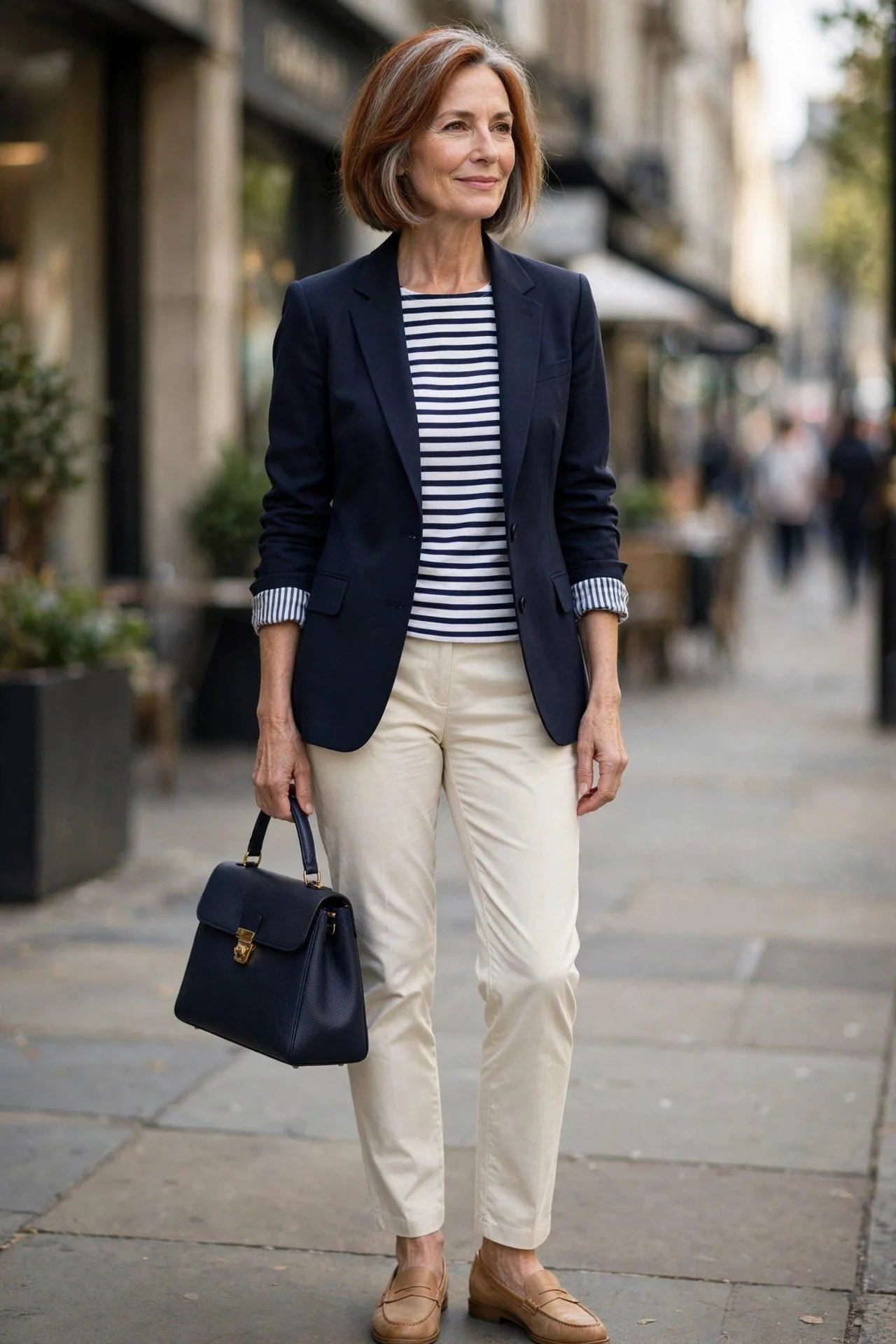 Mature woman in her late 50s in a sharp navy blazer over a navy-and-white Breton stripe tee with cream chinos, tan loafers and a navy top-handle handbag.