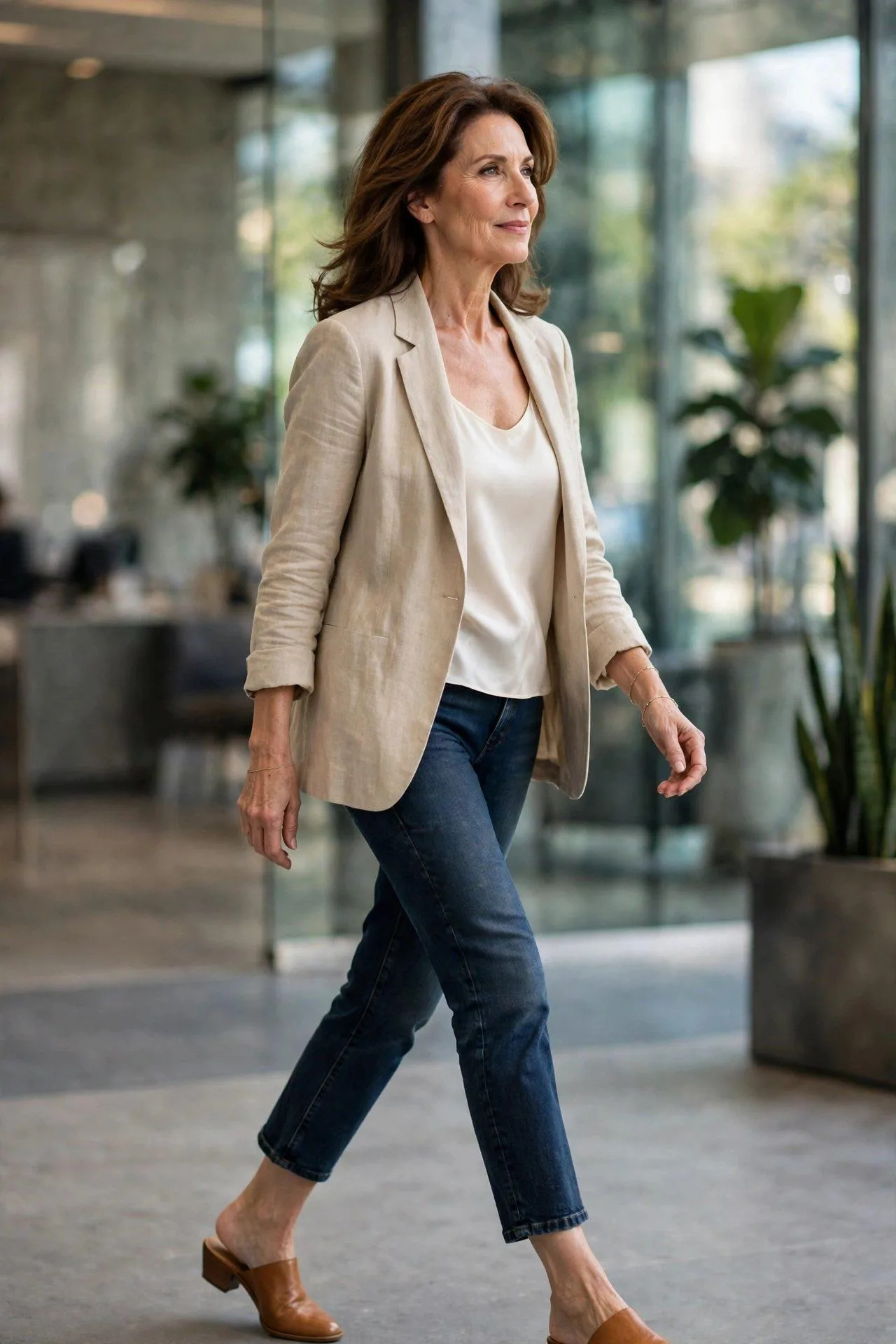 Composed late-50s professional in cropped dark jeans with silk shell and linen jacket