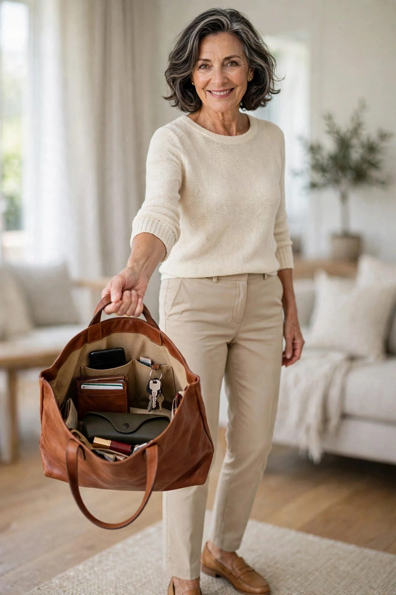 Woman in her sixties presenting an open tan leather tote with tidy everyday carry items including mobile, purse and spectacles.