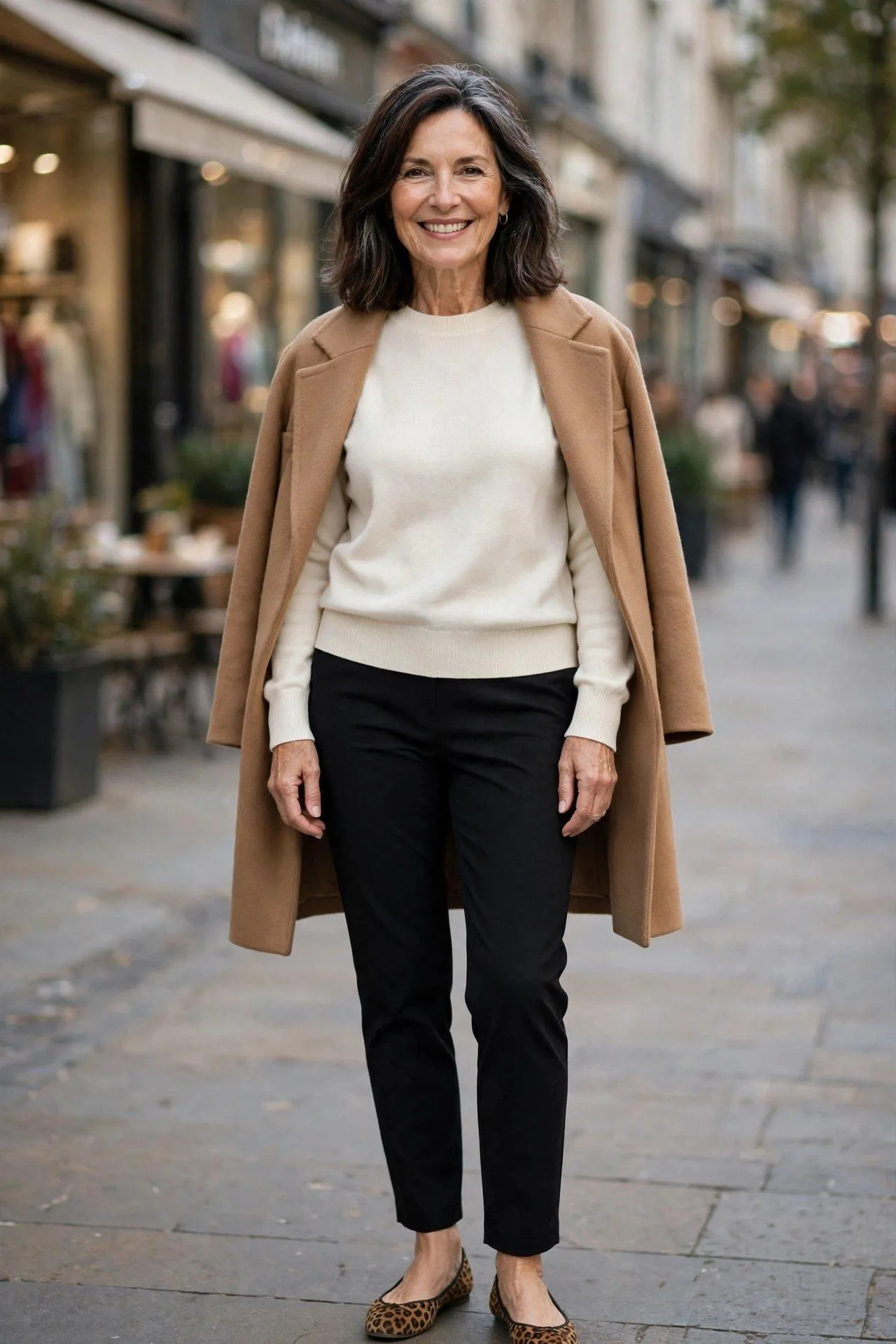 Mature woman keeping it classic in black pants, cream knit and leopard ballet flats.