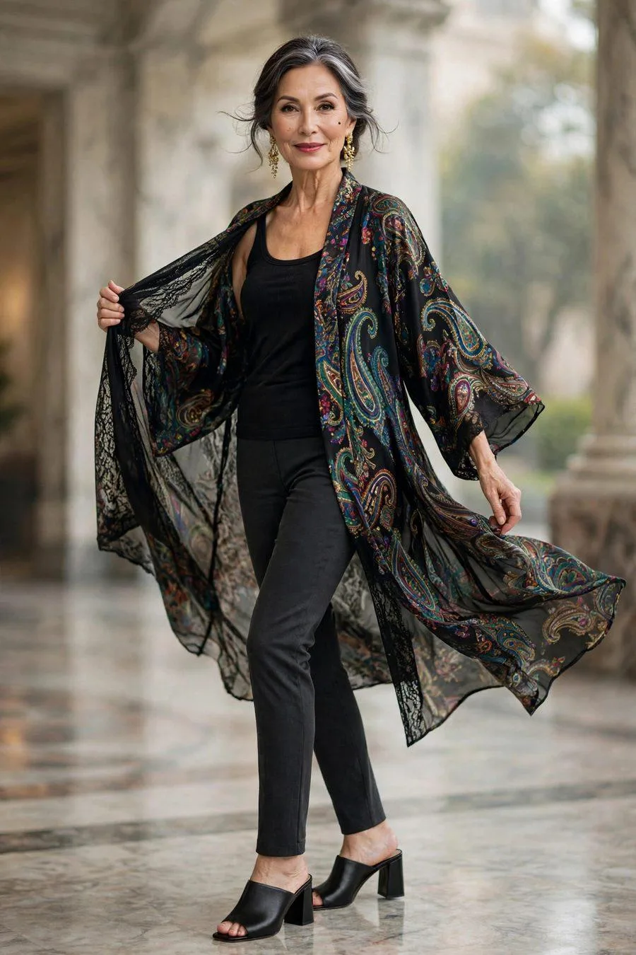 Confident woman in printed kimono duster over black outfit at dinner