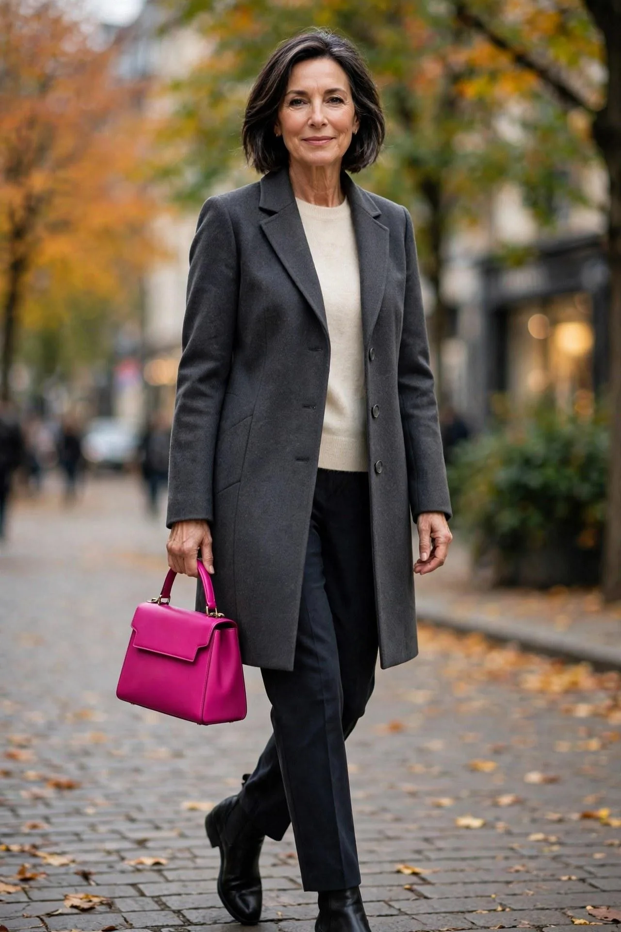 Fashionable mature woman holding a vivid fuchsia handbag against a grey wool coat — a playful pop for chic outfits and casual outfits.