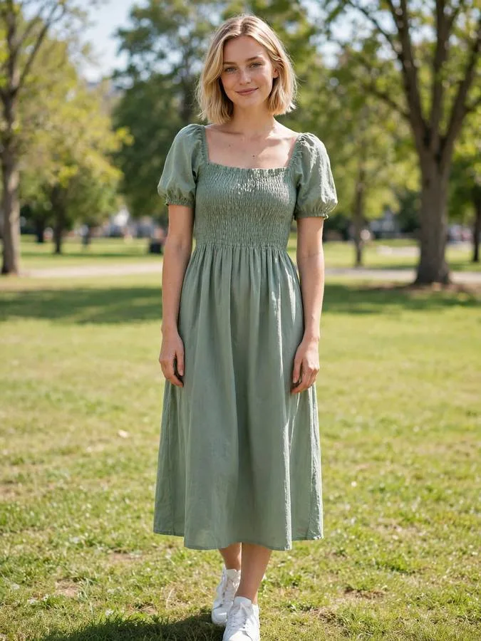 A woman in a sage green smocked midi dress with white sneakers.