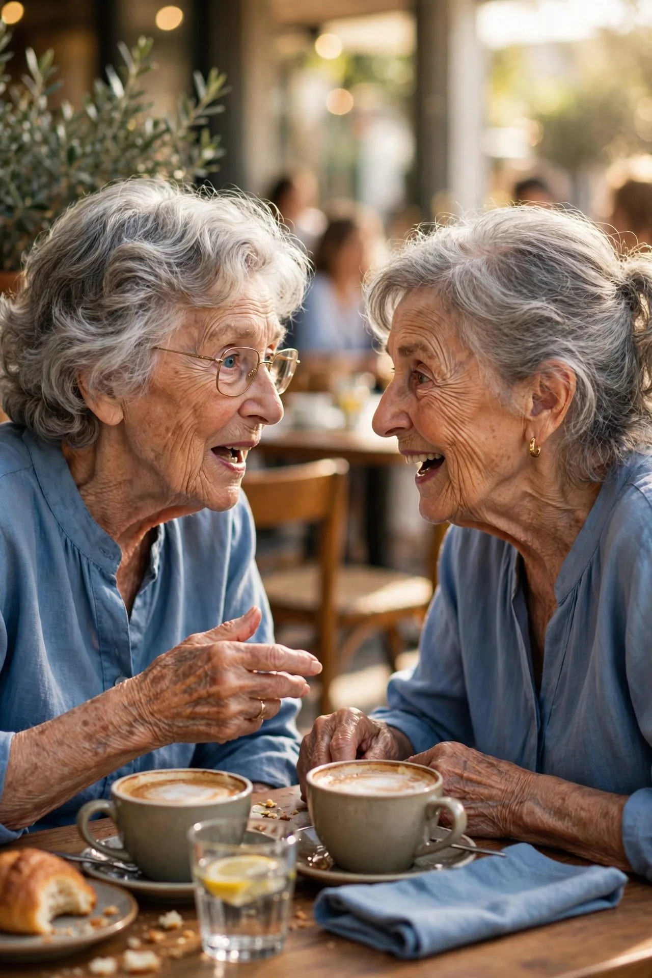 Two older friends sharing a deep meaningful conversation over coffee.