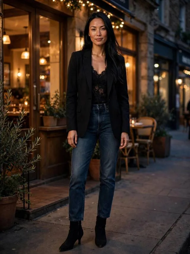 Black blazer over black lace top with dark-wash jeans and heeled ankle boots.