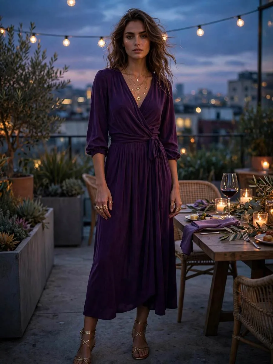 Deep purple wrap dress styled with layered gold celestial jewelry.