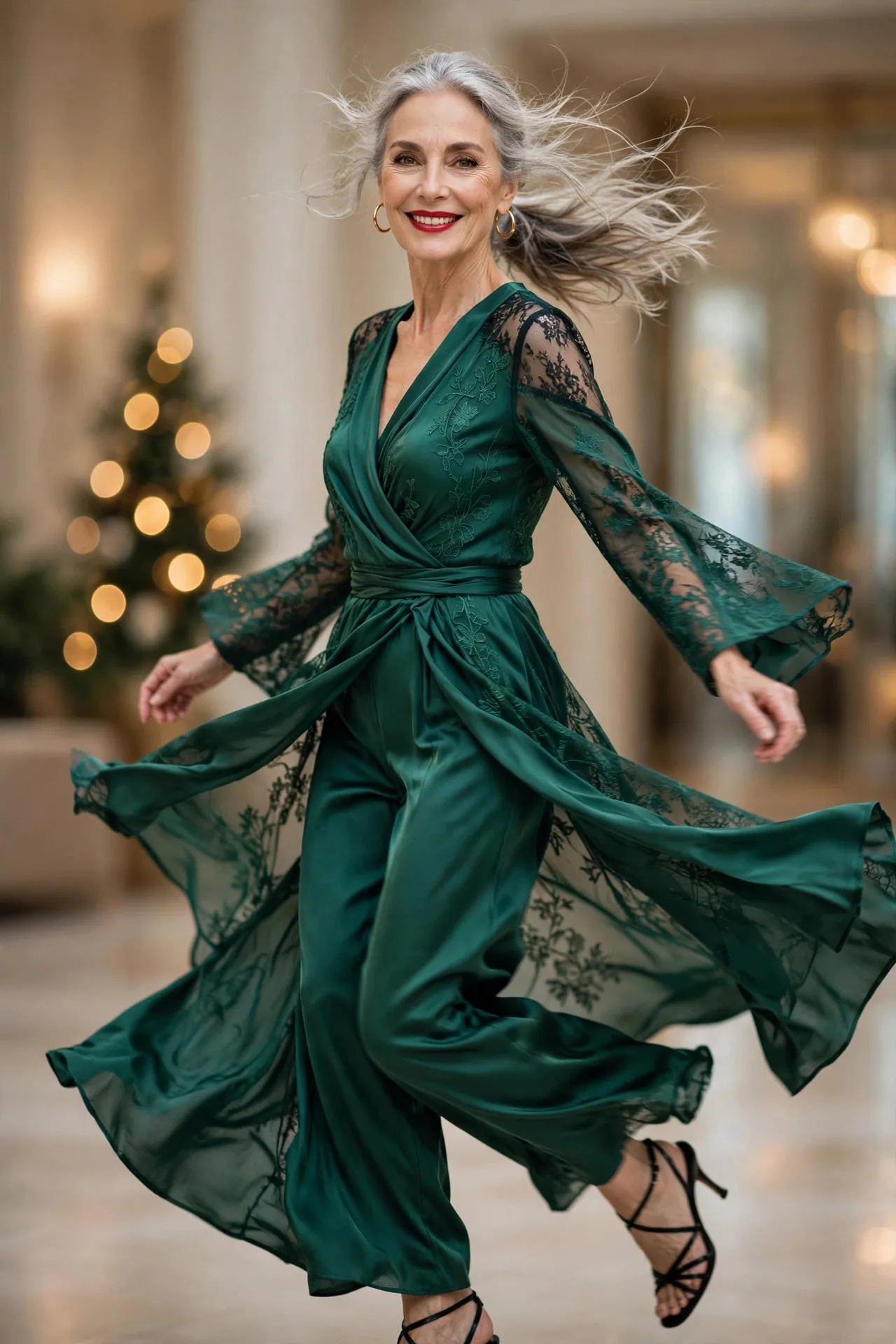 Emerald Jumpsuit Joy — An emerald-green satin wide-leg jumpsuit with a surplice V-neckline, long sleeves and a defined waist, worn with black strappy heeled sandals.