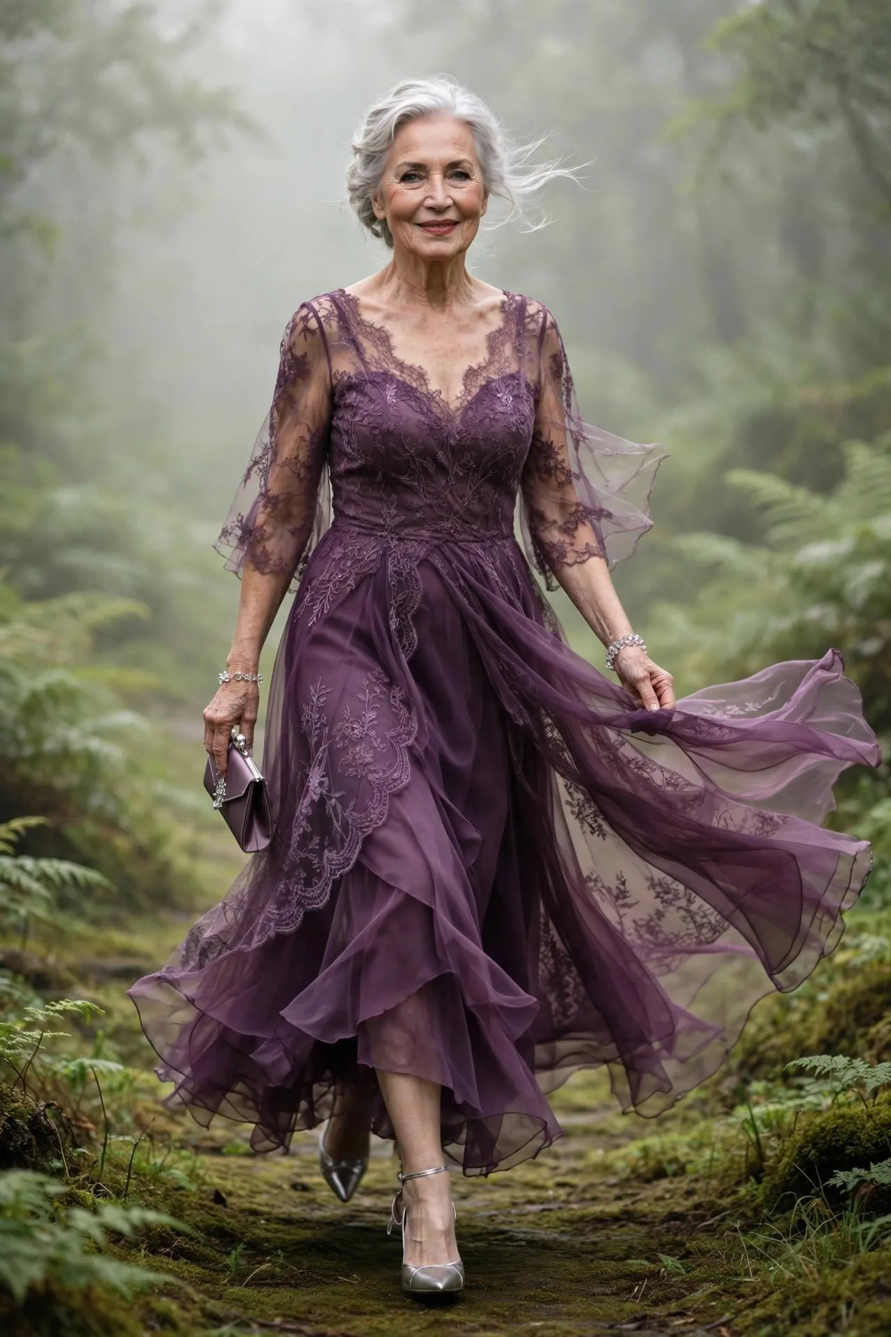 Graceful mature woman in plum chiffon A-line gown at formal wedding