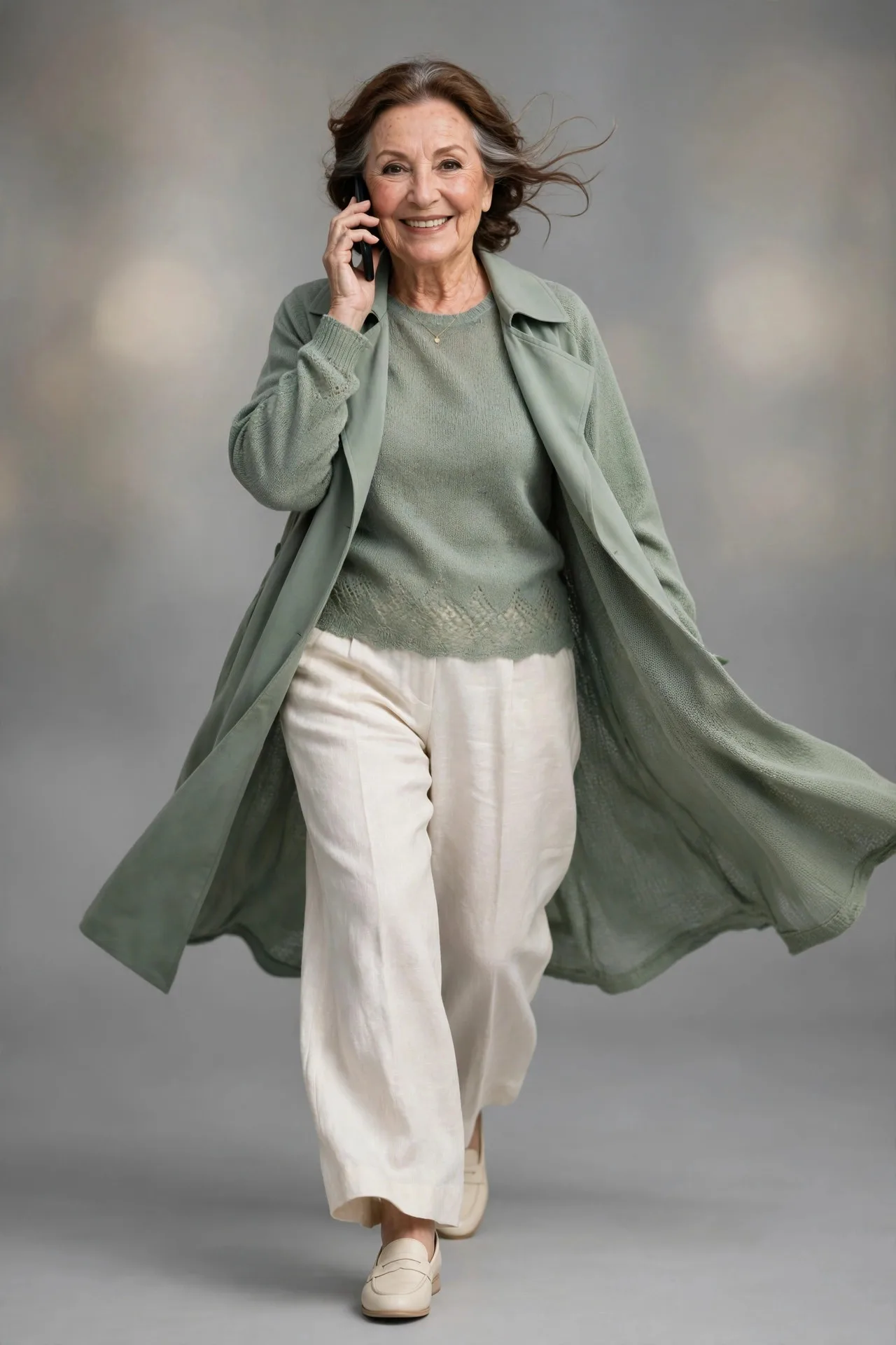 Smiling mature woman chatting happily on the phone in a cozy sunlit living room.