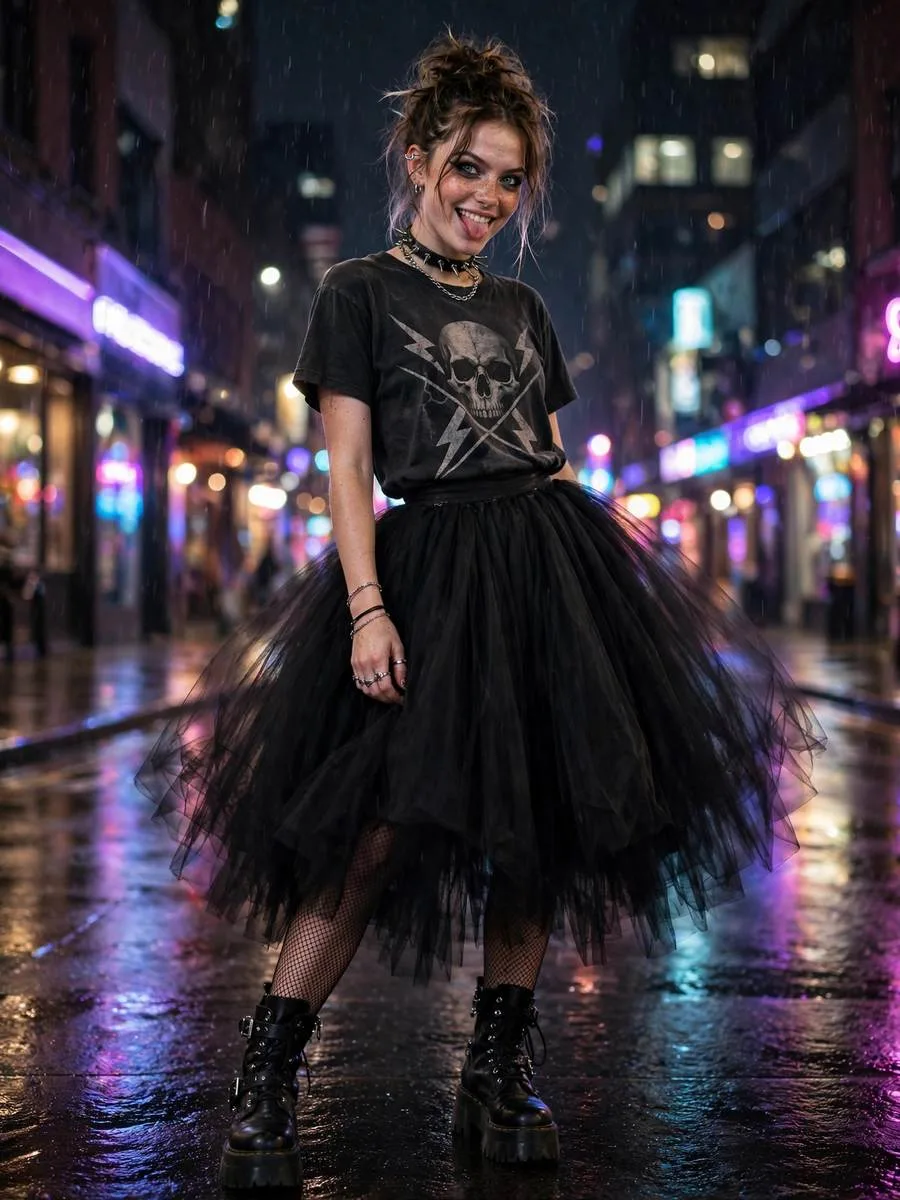 Black tulle skirt paired with a vintage band tee and chunky boots.