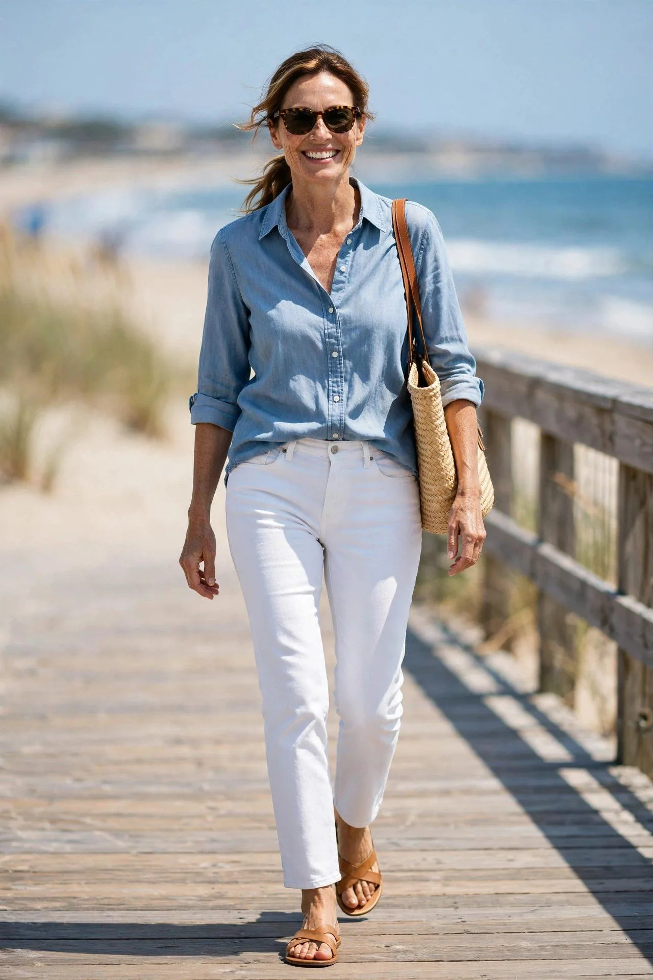 Sunlit 50s woman in fresh white jeans with chambray shirt strolling beach boardwalk
