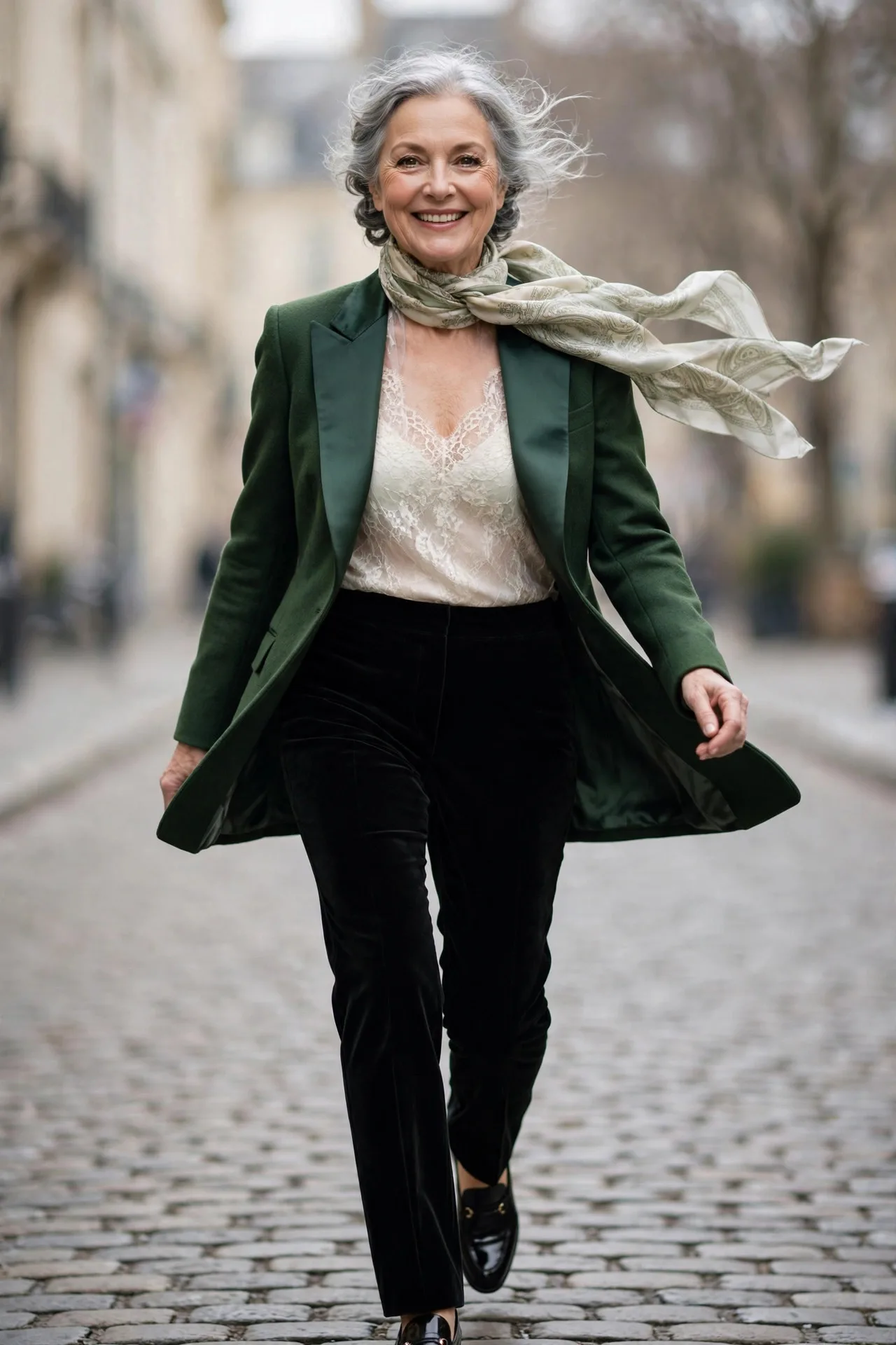 Evergreen Tuxedo Twist — A forest-green wool tuxedo blazer with a satin shawl lapel, worn with black velvet slim trousers and an ivory lace camisole, finished with black patent loafers.