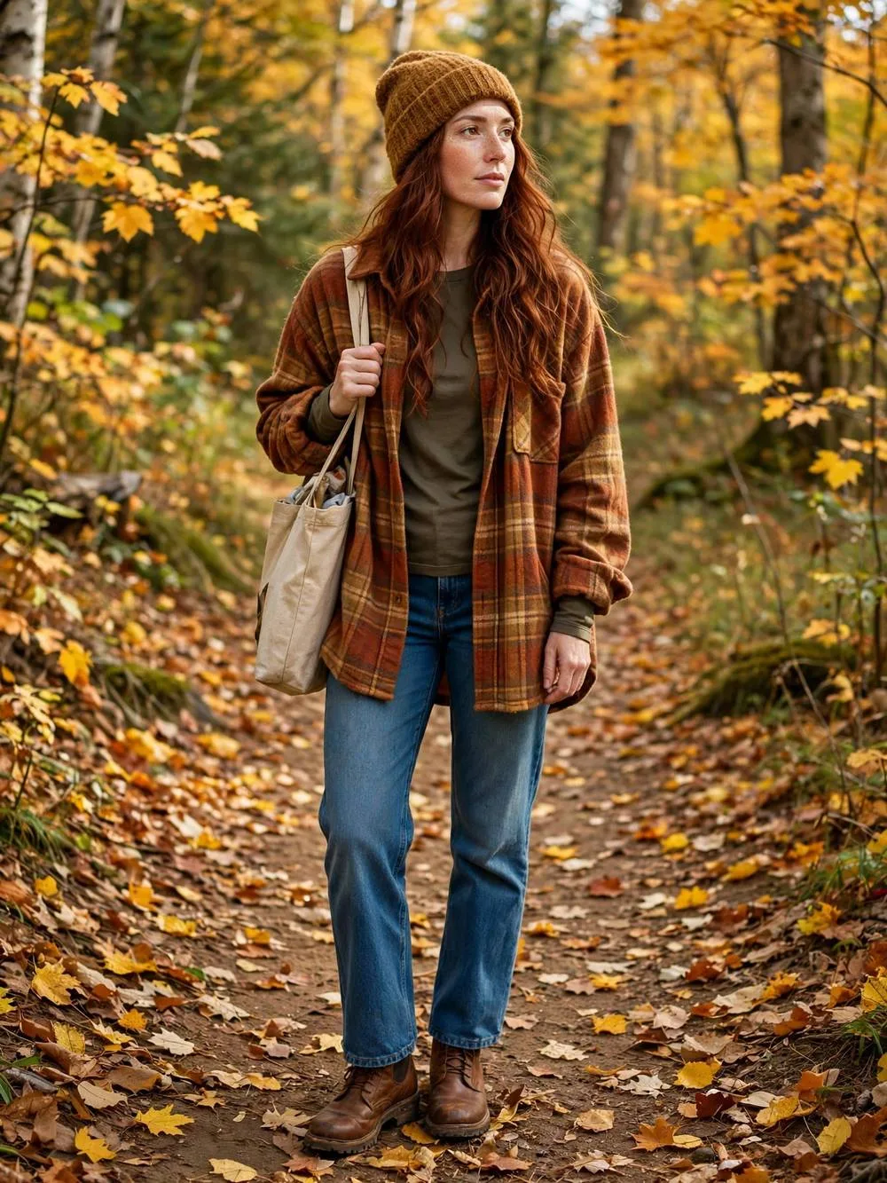 Woman in rust plaid shacket and jeans among autumn forest leaves.
