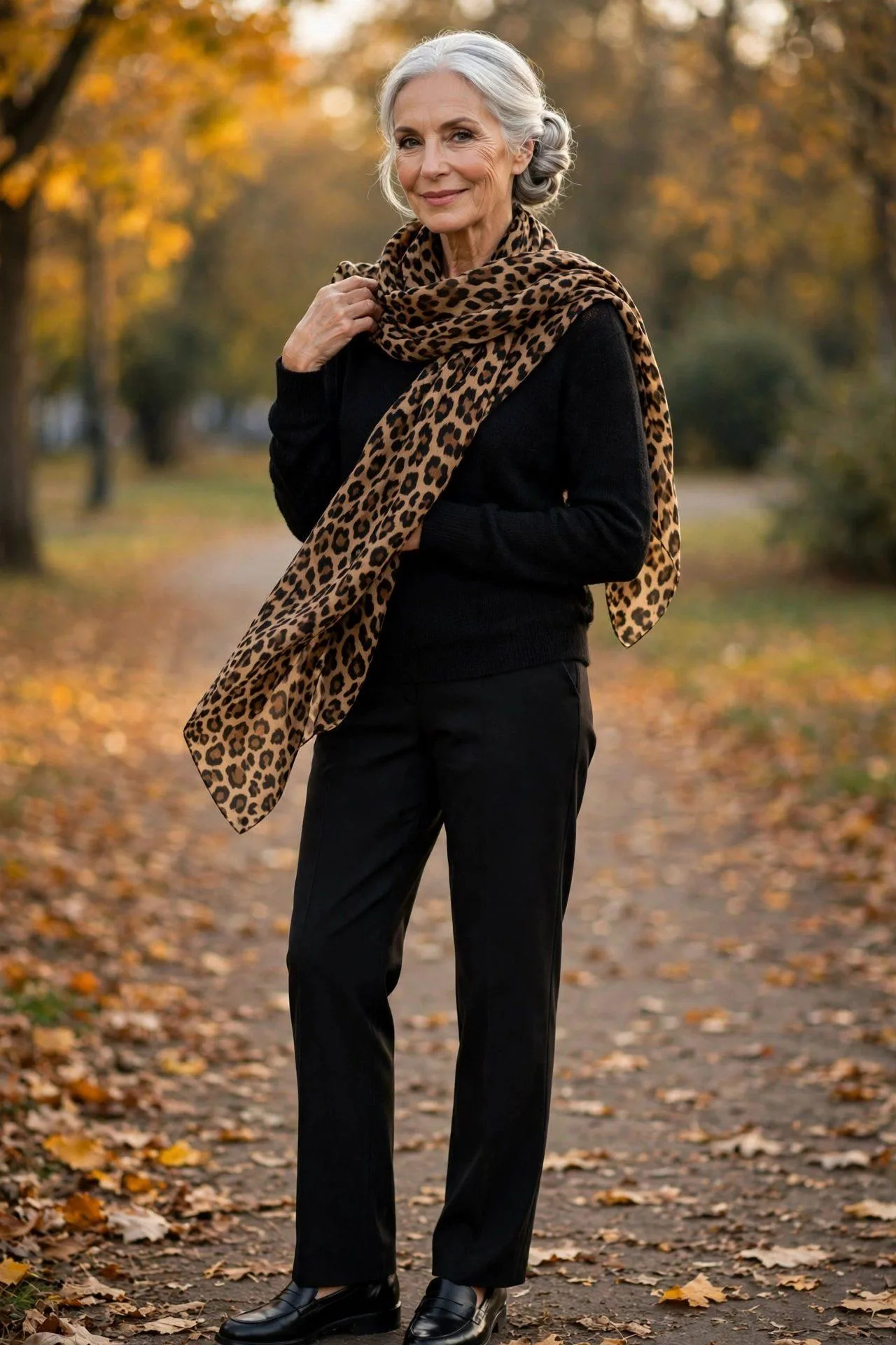 Classy mature woman wrapping leopard print scarf around neck over black ensemble