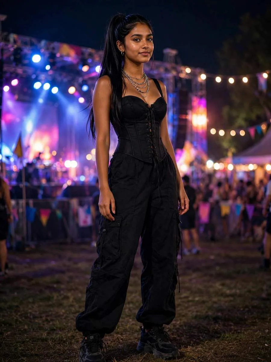Woman wearing a corset bustier top with baggy cargo pants and boots.