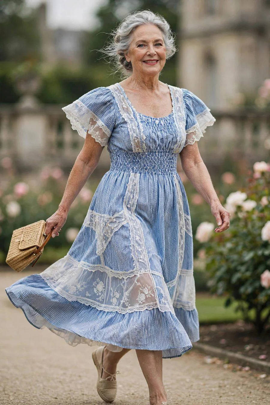 Elegant woman in blue seersucker midi dress with espadrilles at garden party