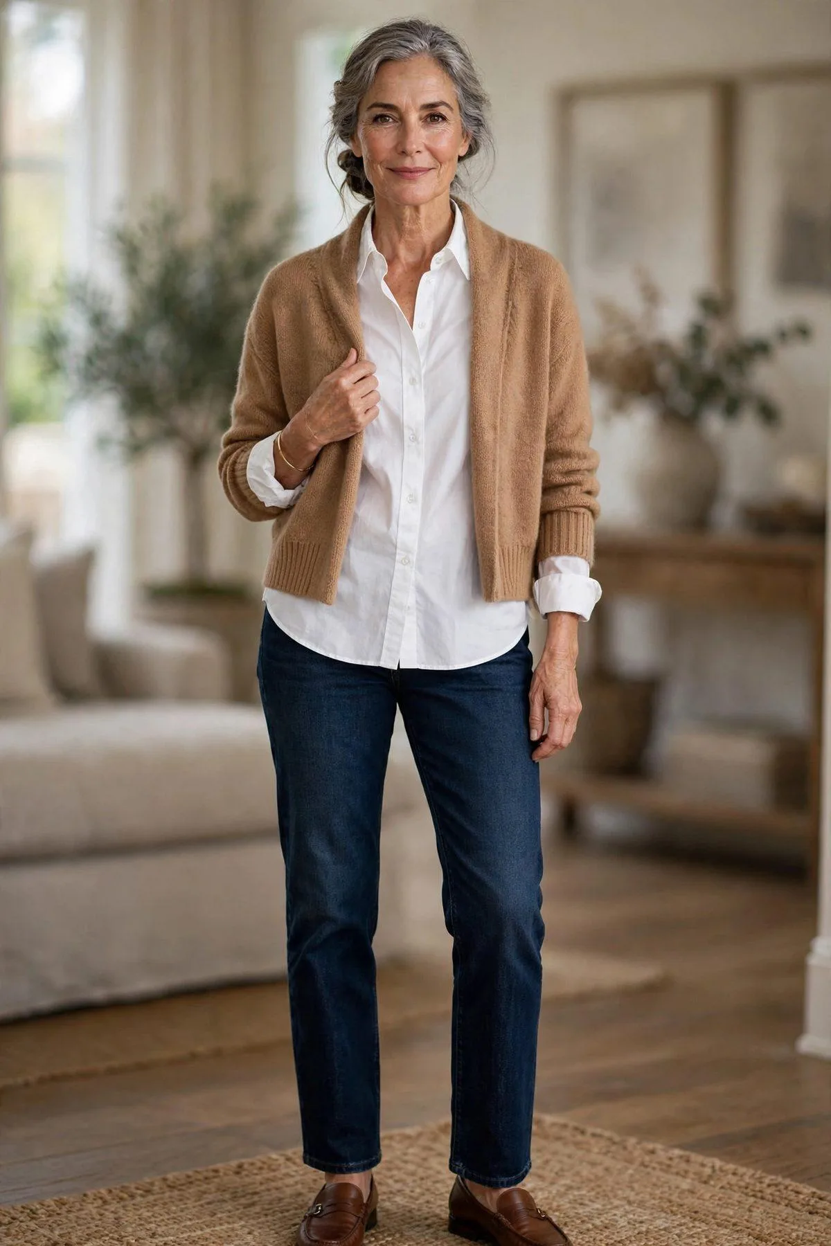 Dark Jeans, White Button-Down & Cropped Cardigan