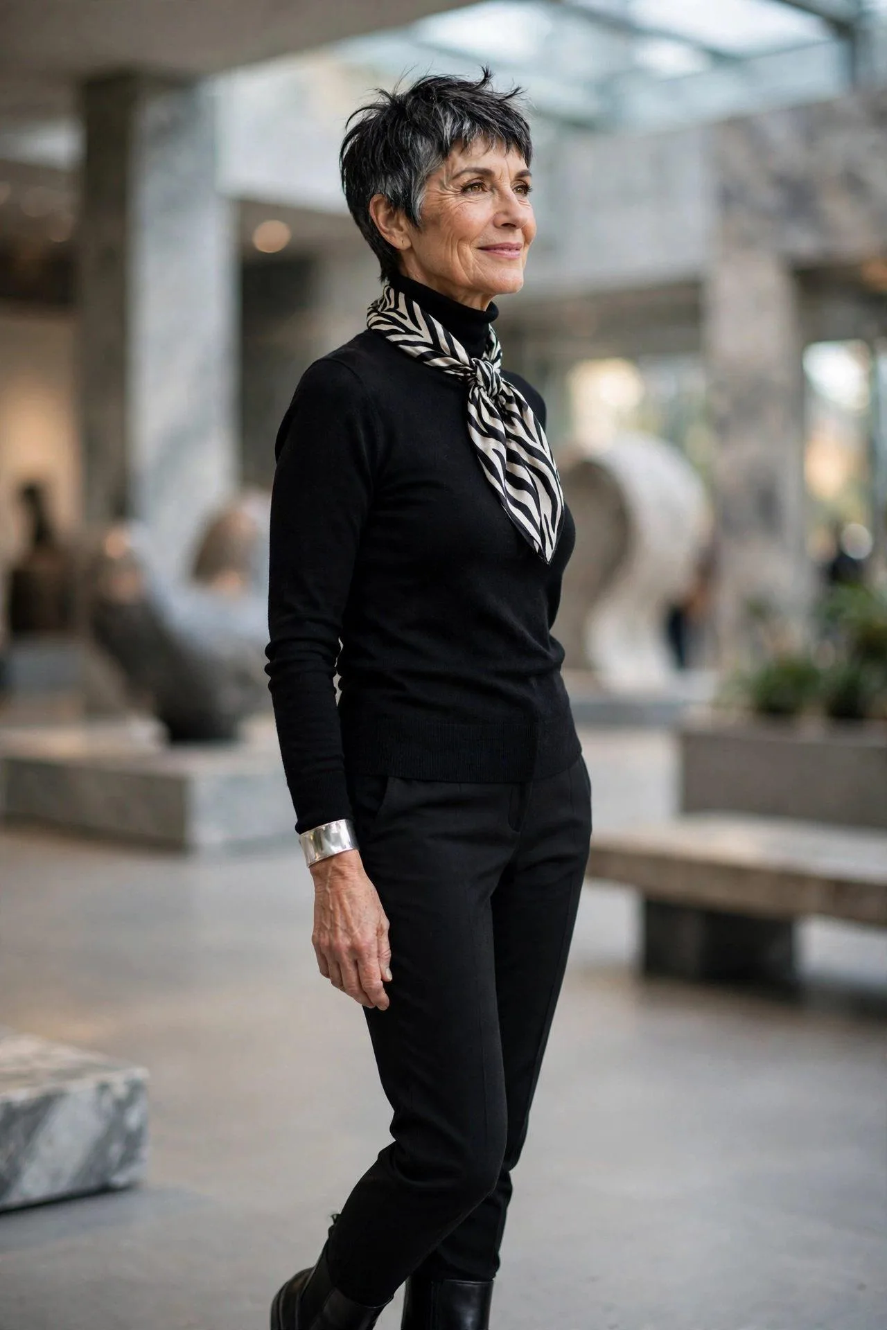 Bold mature woman making a statement with a zebra scarf against head-to-toe black.