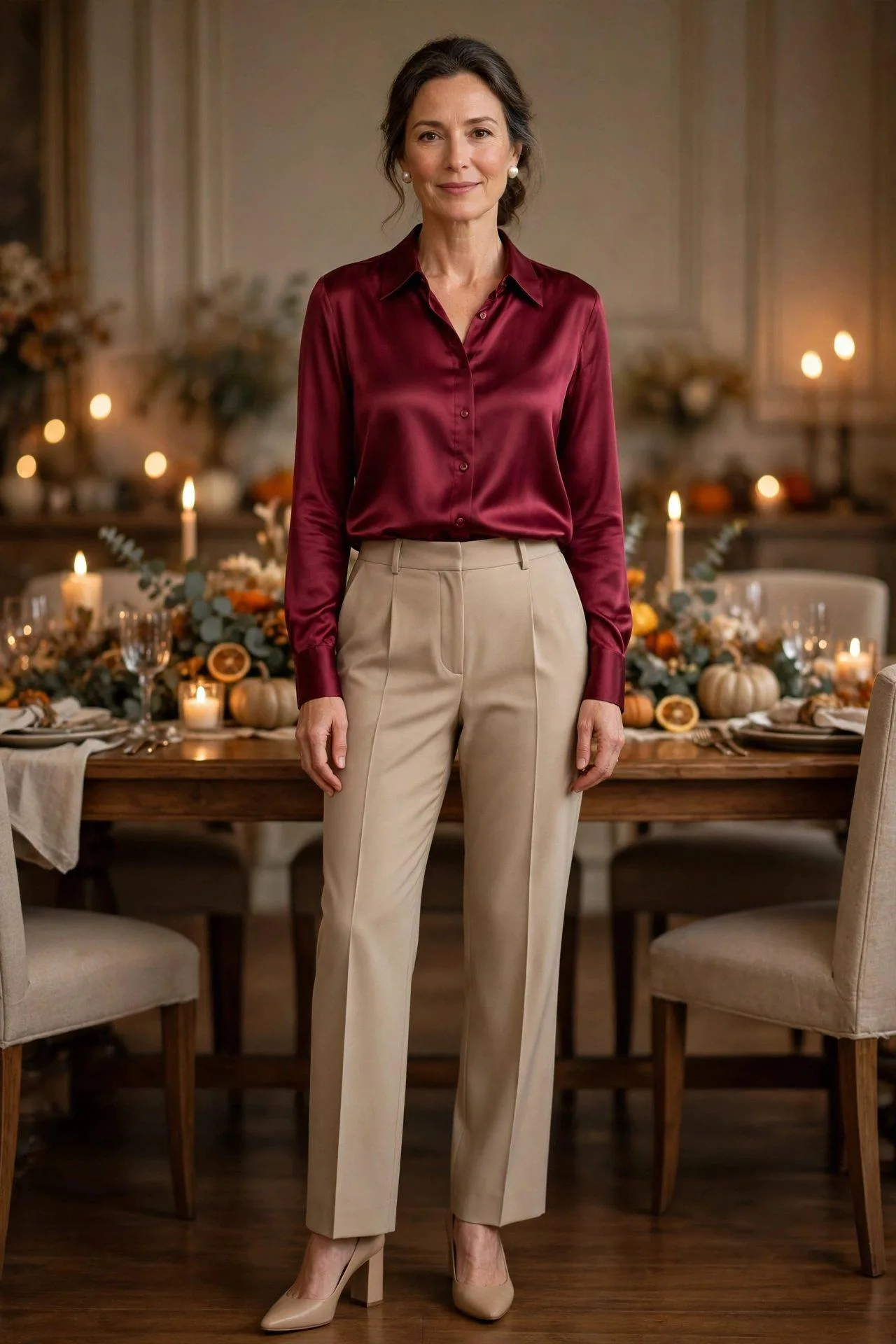 Woman over 50 in cranberry satin blouse and beige trousers.