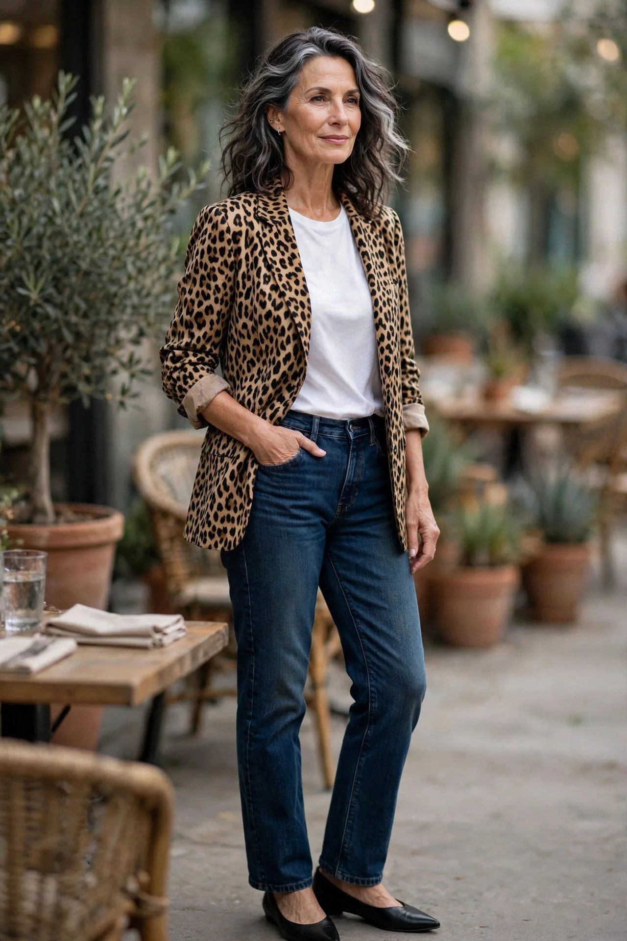 Smart casual mature woman wearing spotted blazer with plain white tee and jeans