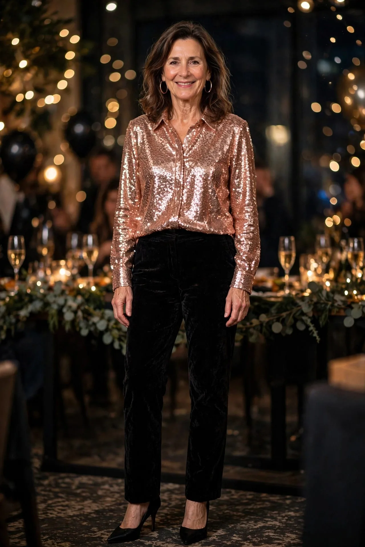 Woman in rose gold sequin top with black velvet trousers