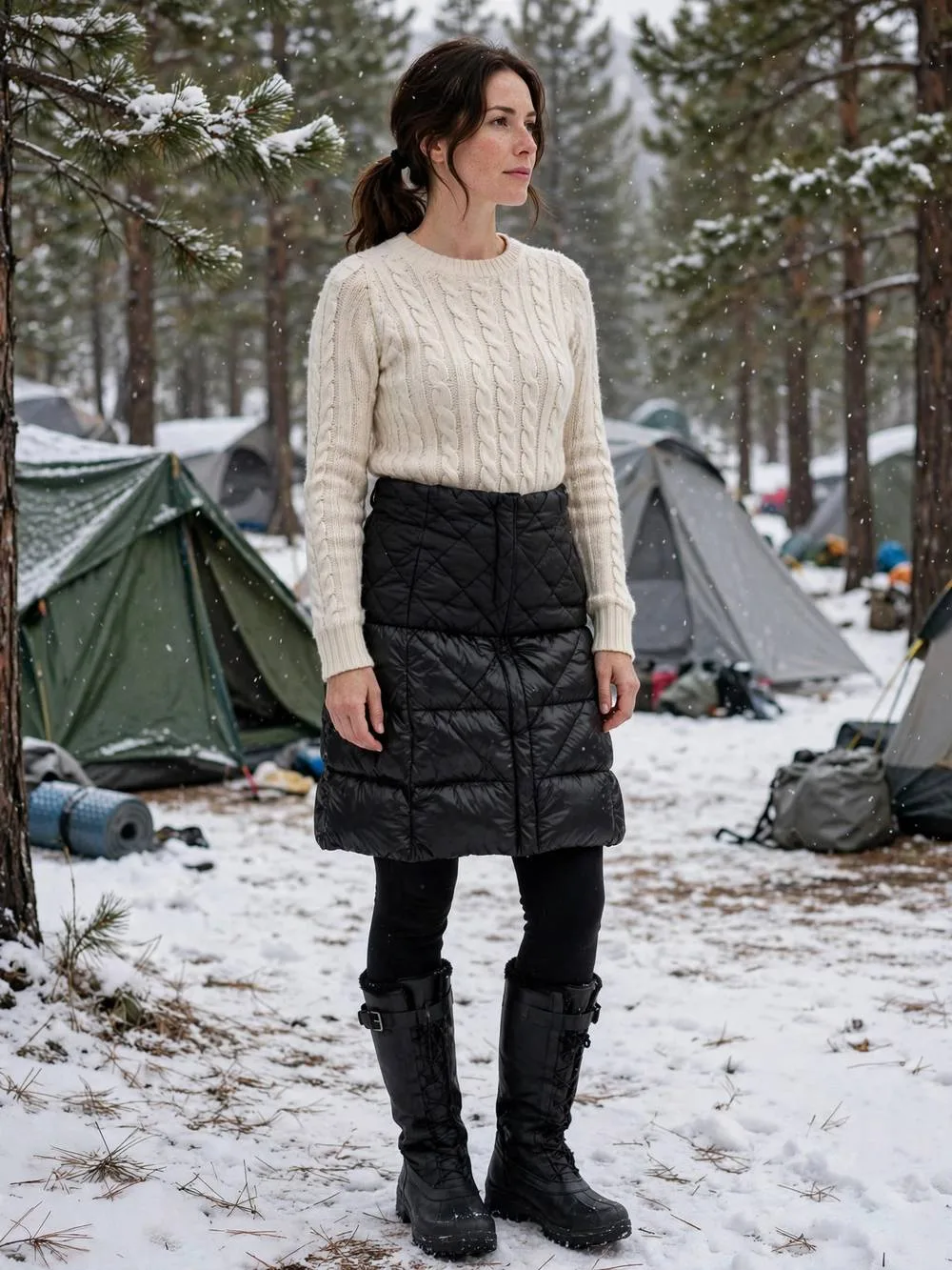 Woman wearing insulated puffy skirt with tights and tall winter boots.