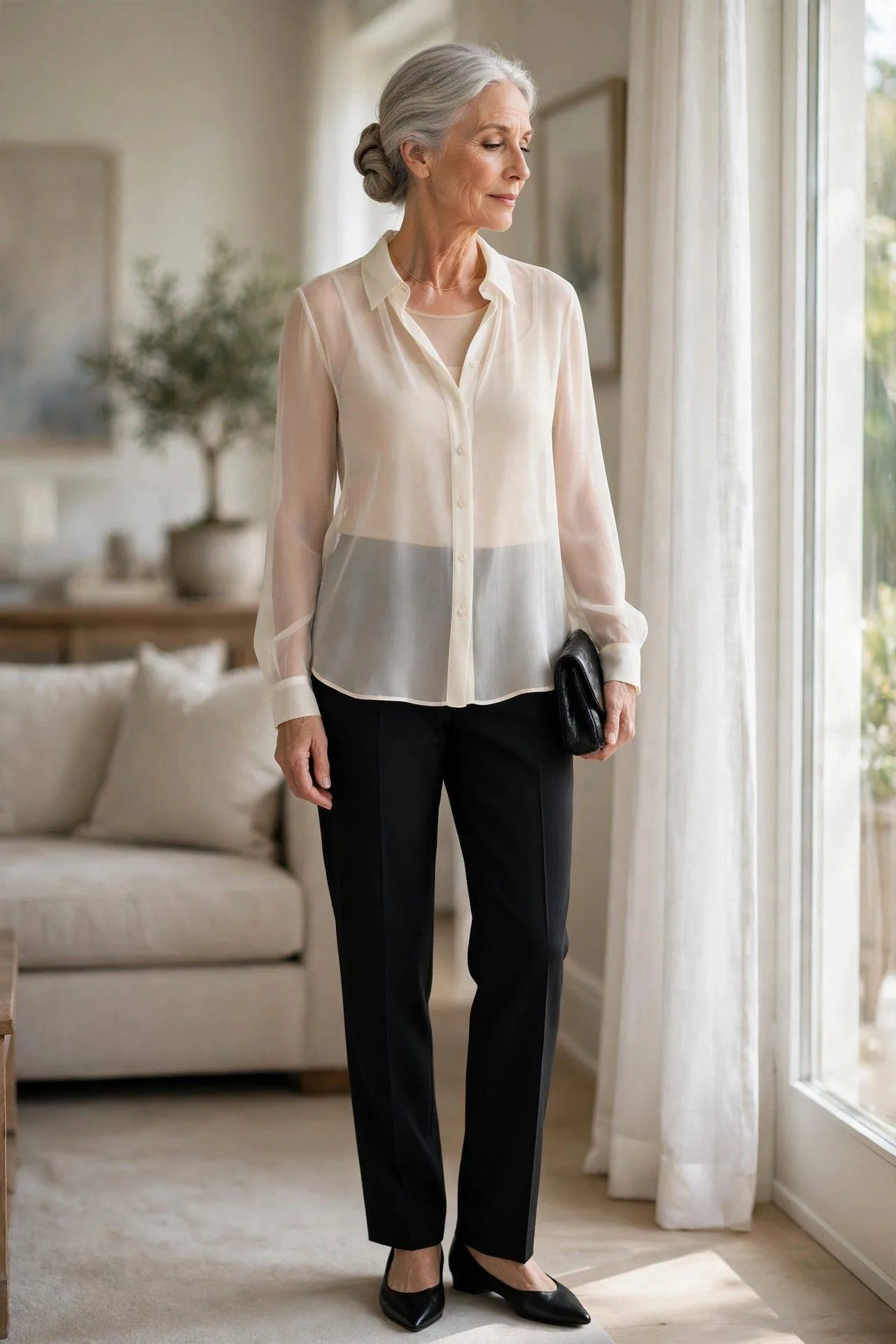 Poised woman layering a sheer ivory blouse over a skin-tone slip with slim black pants in soft daylight.