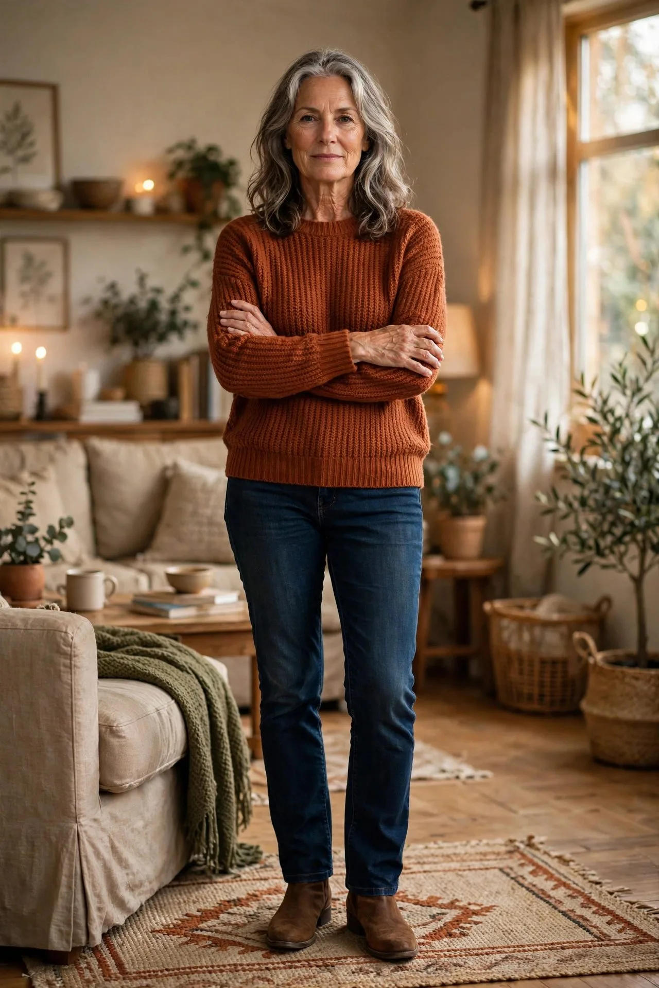 Confident woman over 60 declining phone call with calm smile