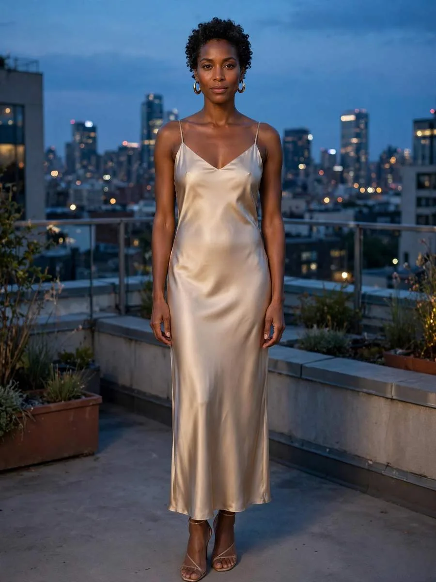 Woman in a champagne satin slip dress with strappy heels under evening lights.