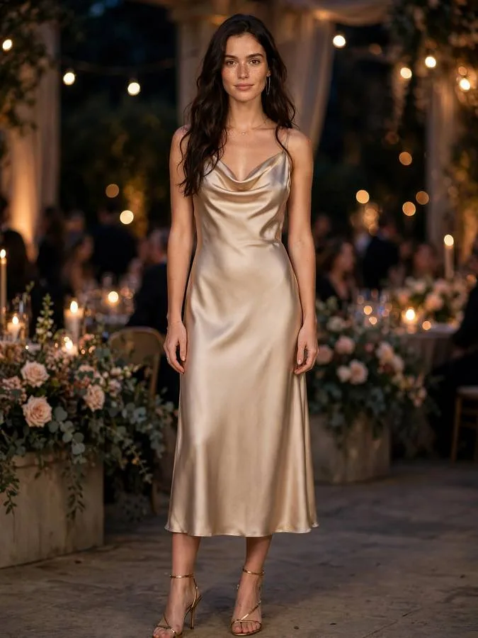 A woman in a champagne satin cowl-neck midi dress glowing softly.