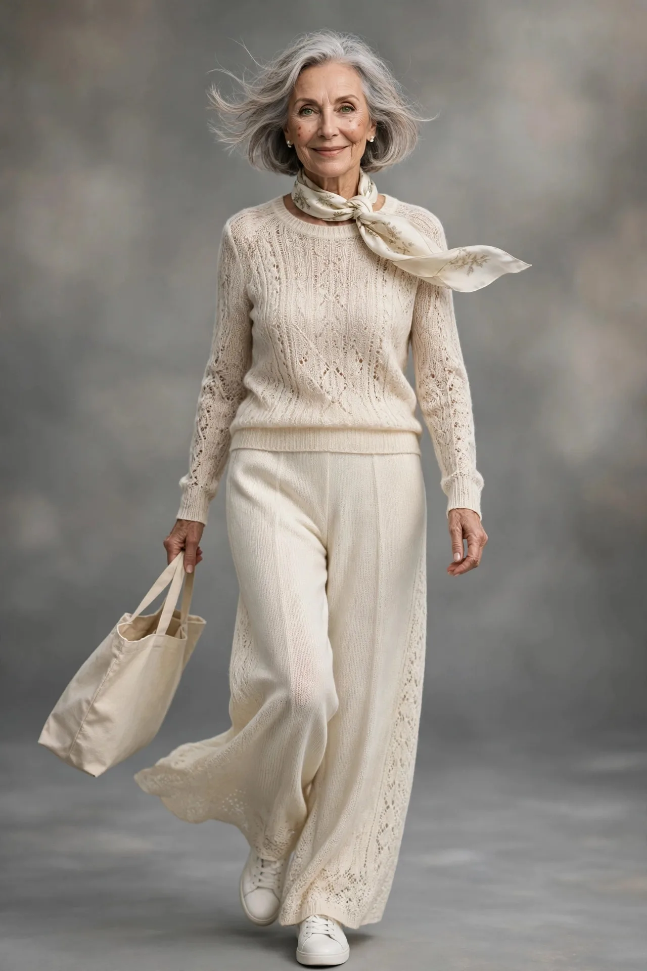 Cream Knit Co-ord — A cream fine-knit crewneck sweater and matching knit wide-leg trousers in a soft ivory merino, worn with white leather sneakers and a silk neck scarf.