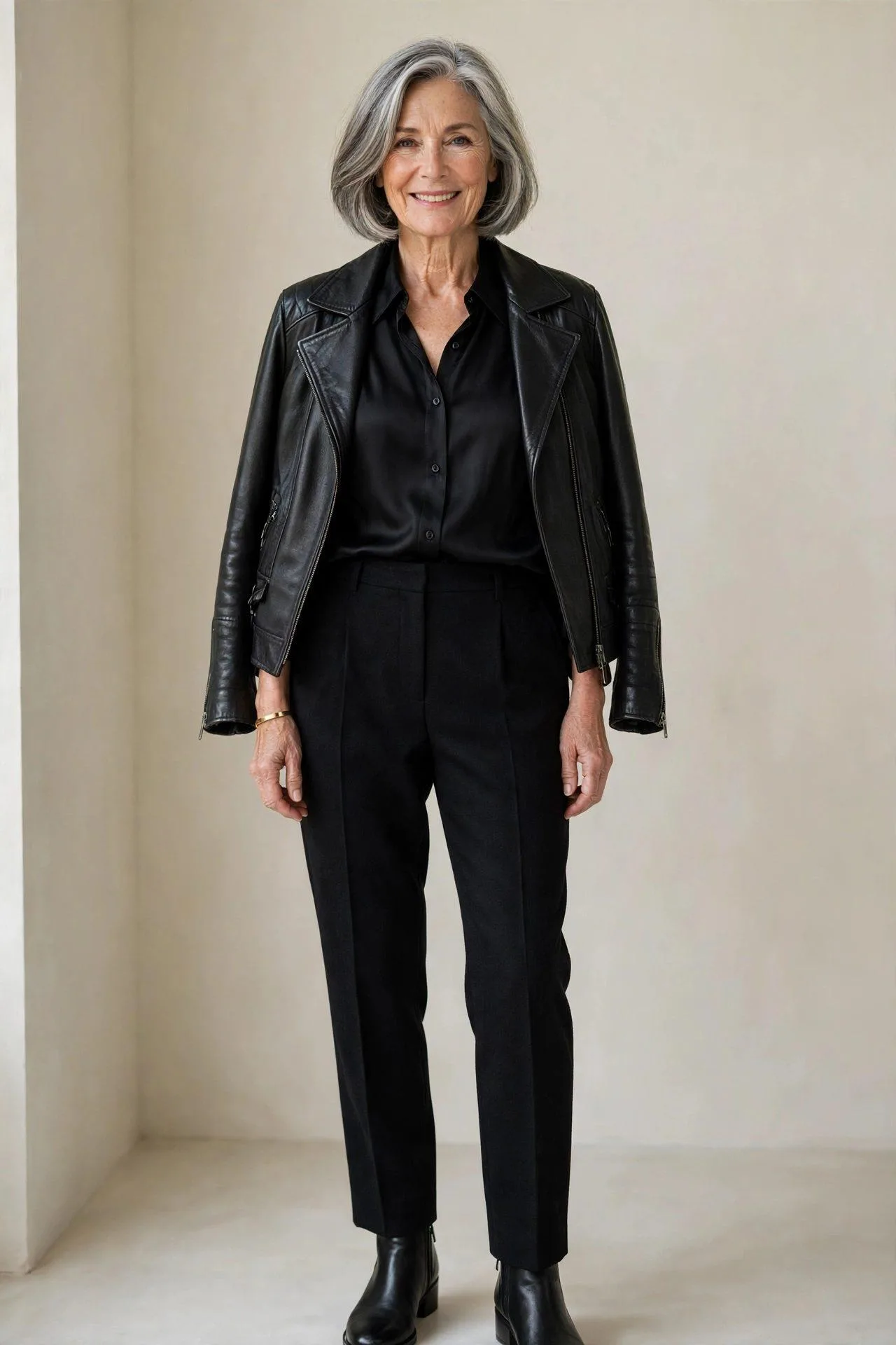 Sophisticated older woman styled in black wool, silk and leather layers